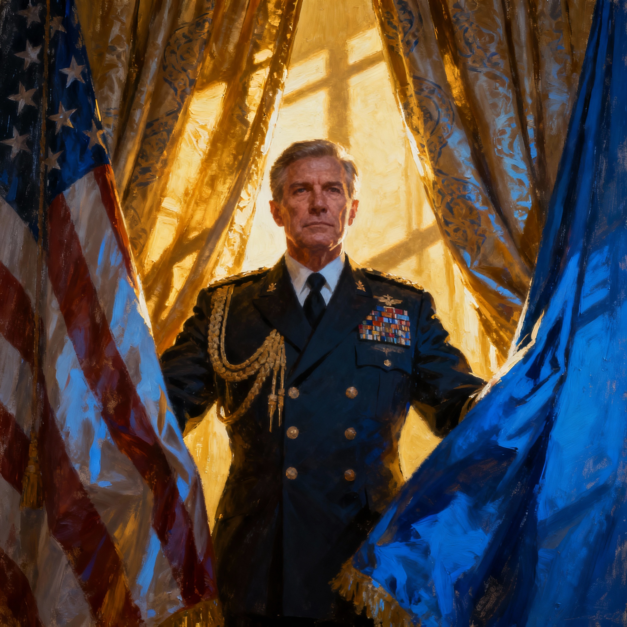 conceptual art of a military leader behind political curtains, cinematic, dynamic lighting, fine art style