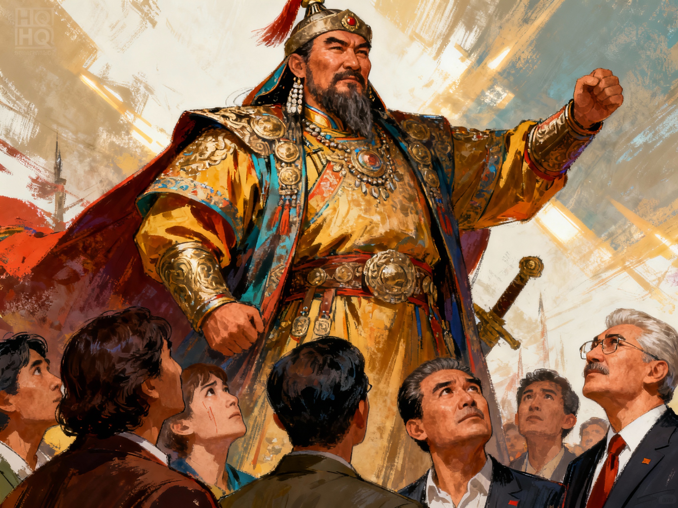 hand-drawn digital illustration, Artstation HQ, digital art, a strong leader, historical figures like Genghis Khan and modern dictators, people looking up to a leader, symbolic representation of power, complex emotions, introspective, rich colors