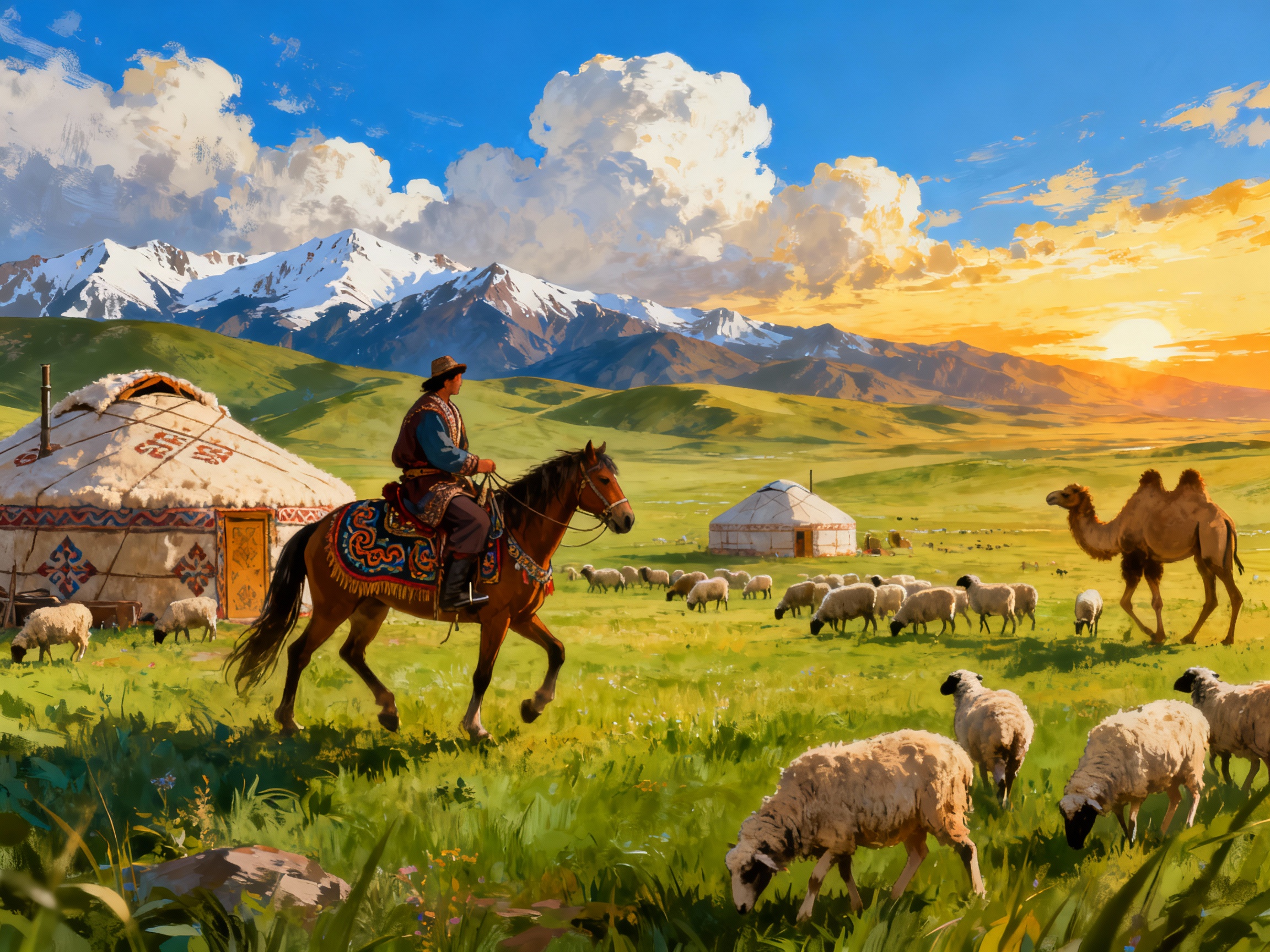 hand-drawn digital illustration, Artstation HQ, digital art, nomadic life of Kazakh, Kipchak, Mongolian steppes, majestic landscapes