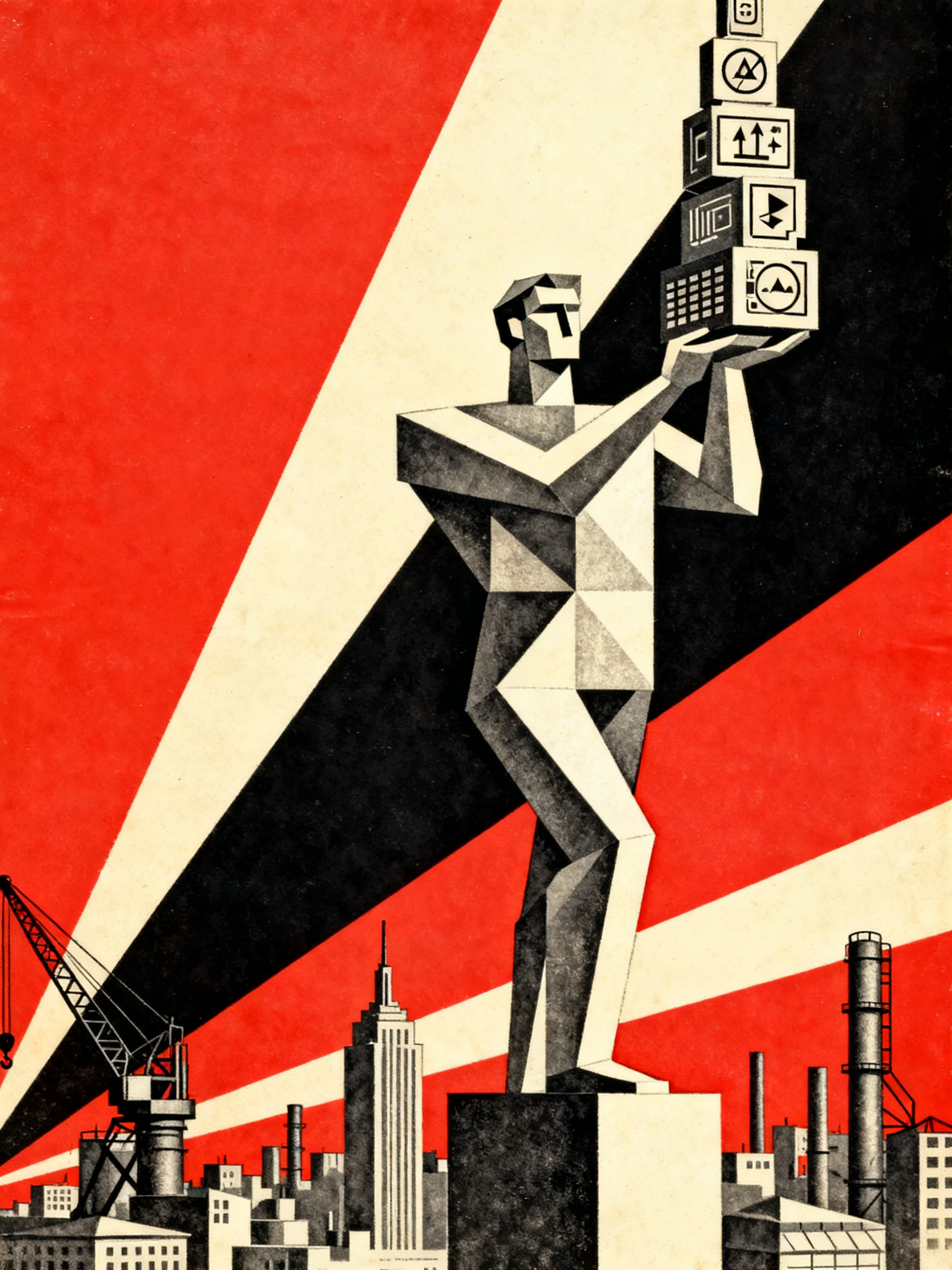 Geometric human figure holding a stack of technology symbols, towering over a city skyline, dramatic...