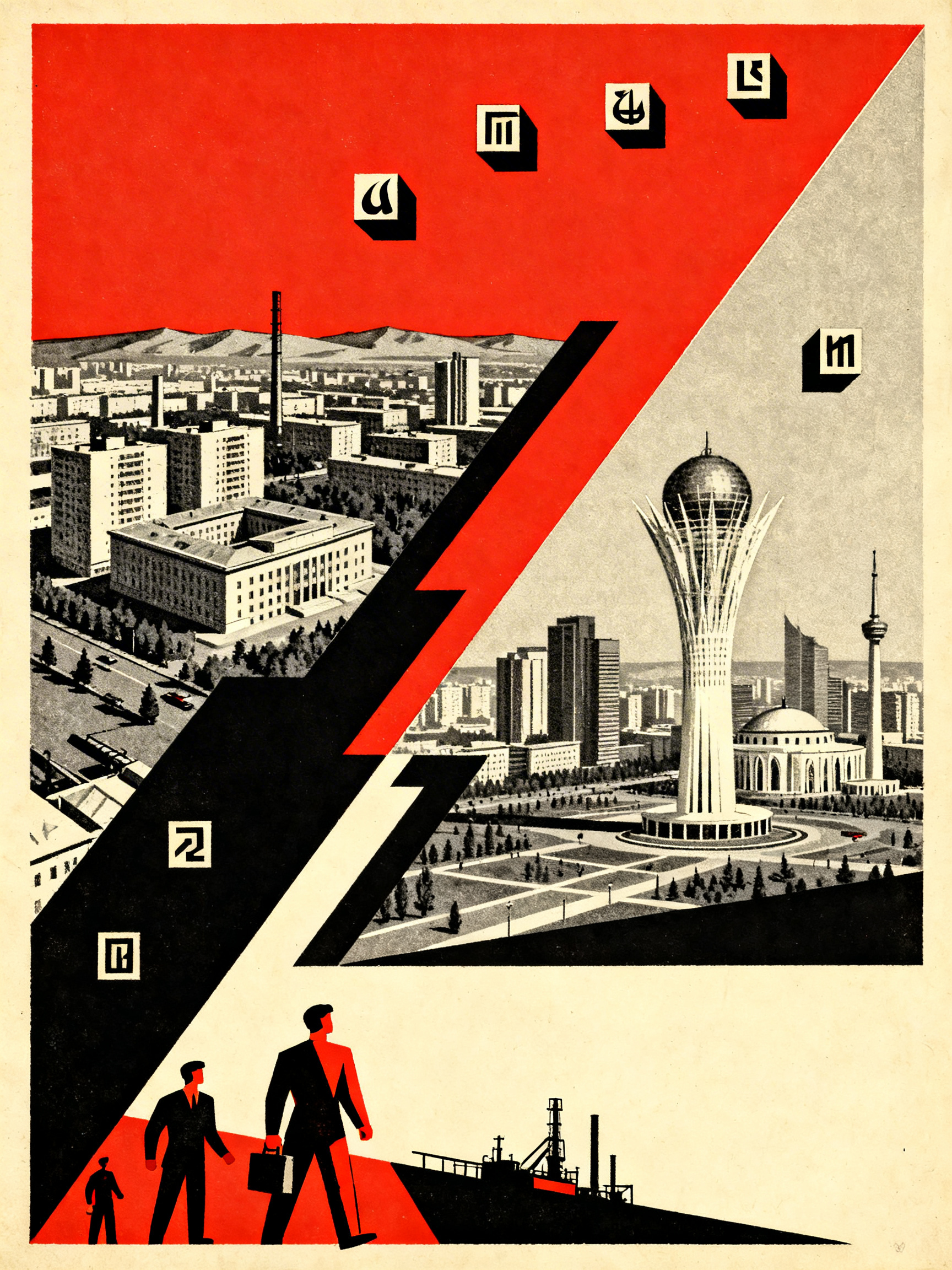 Two contrasting cityscapes of Almaty and Astana, divided by a diagonal line, with stylized currency...