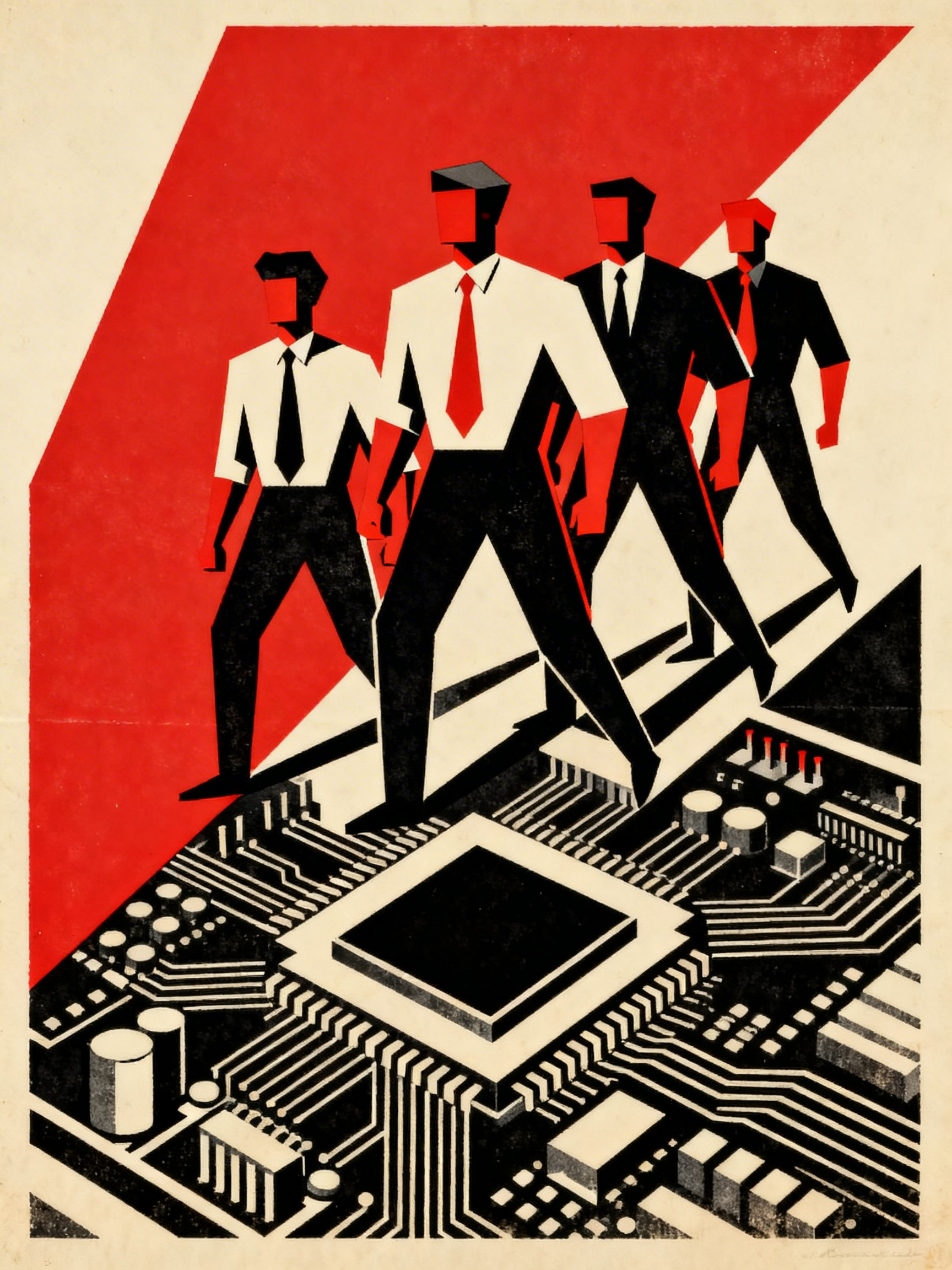 Collage of Junior IT professionals in geometric formation, standing over an abstract representation...