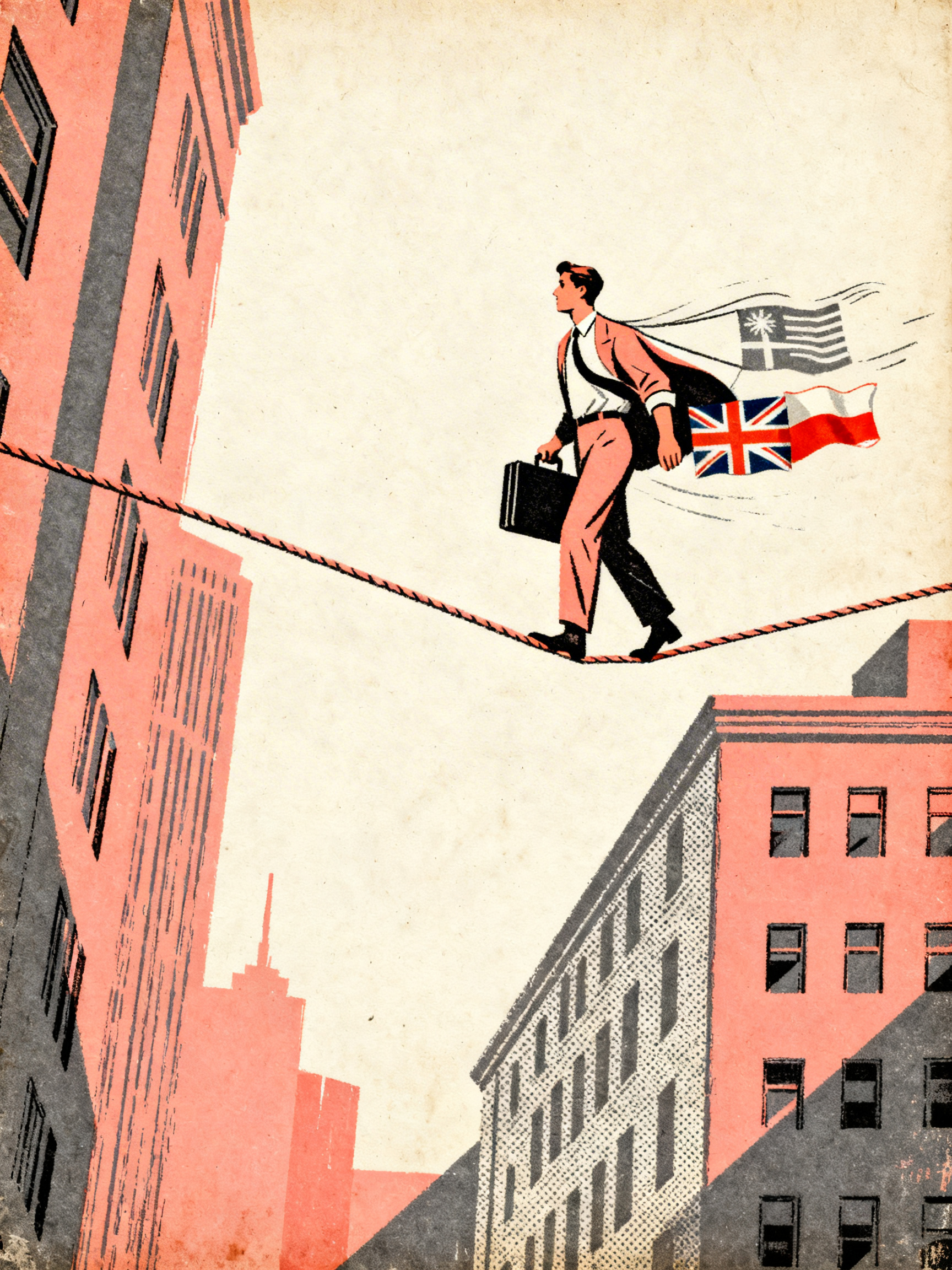 A figure balancing on a tightrope stretched between two city buildings, carrying a briefcase with re