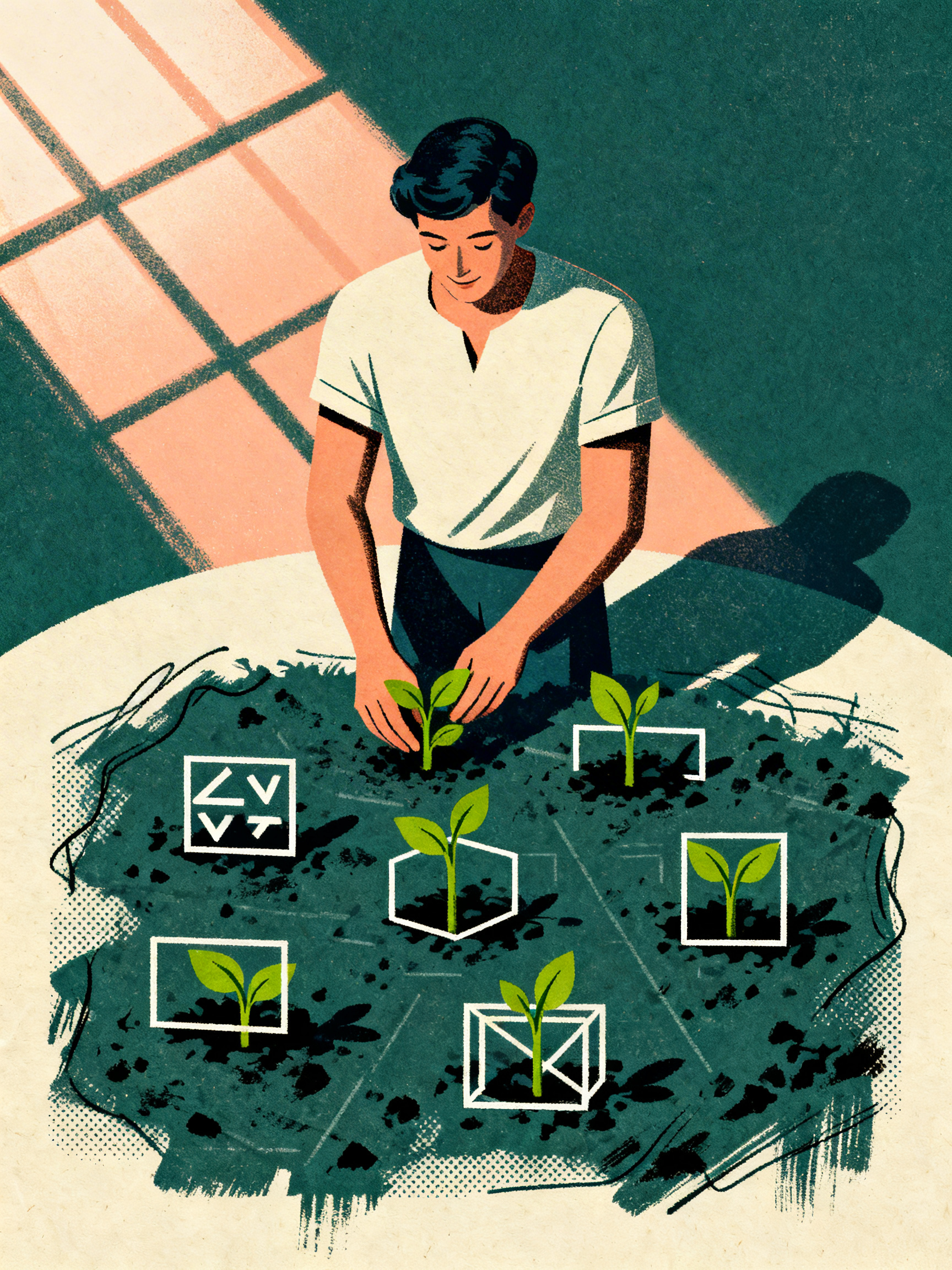 A person planting multiple seedlings in a digital garden where each plant grows into different frame