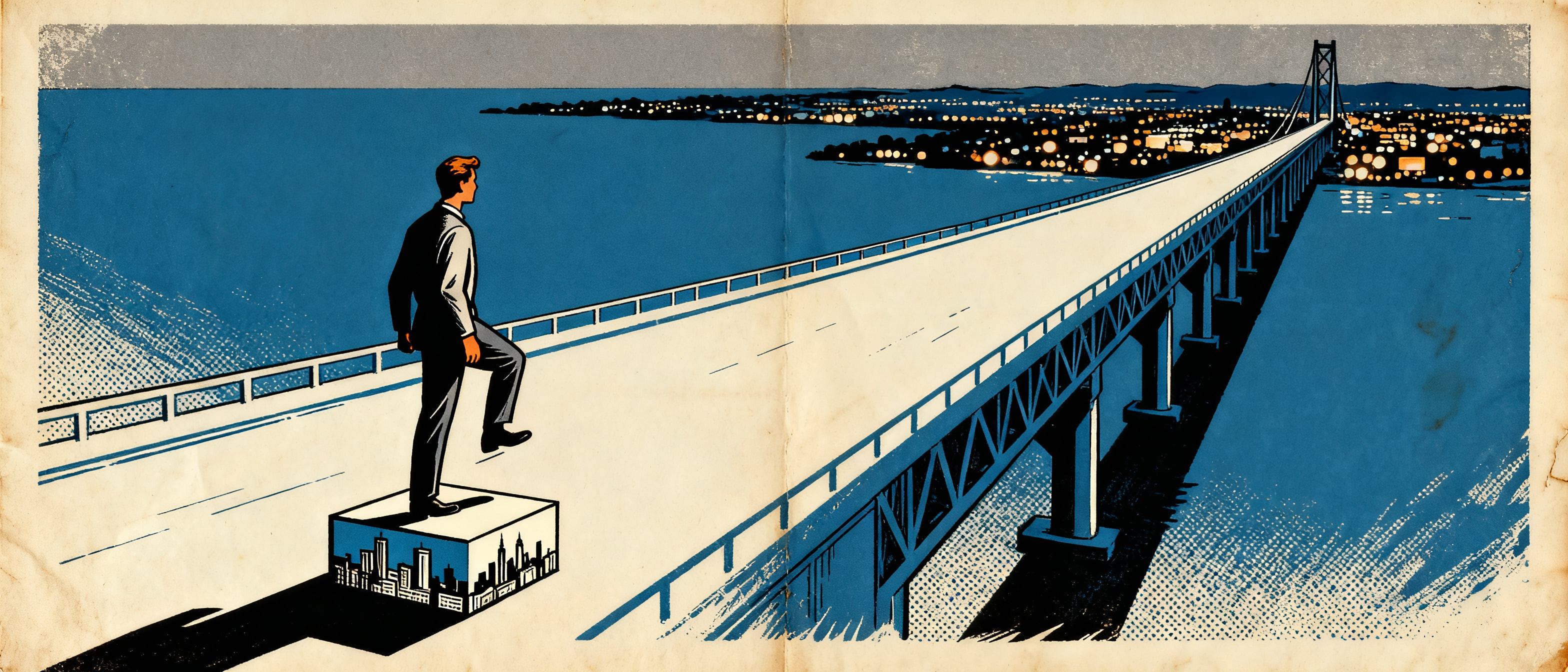 A figure standing on a small platform labeled with a local city skyline, while an enormous bridge st