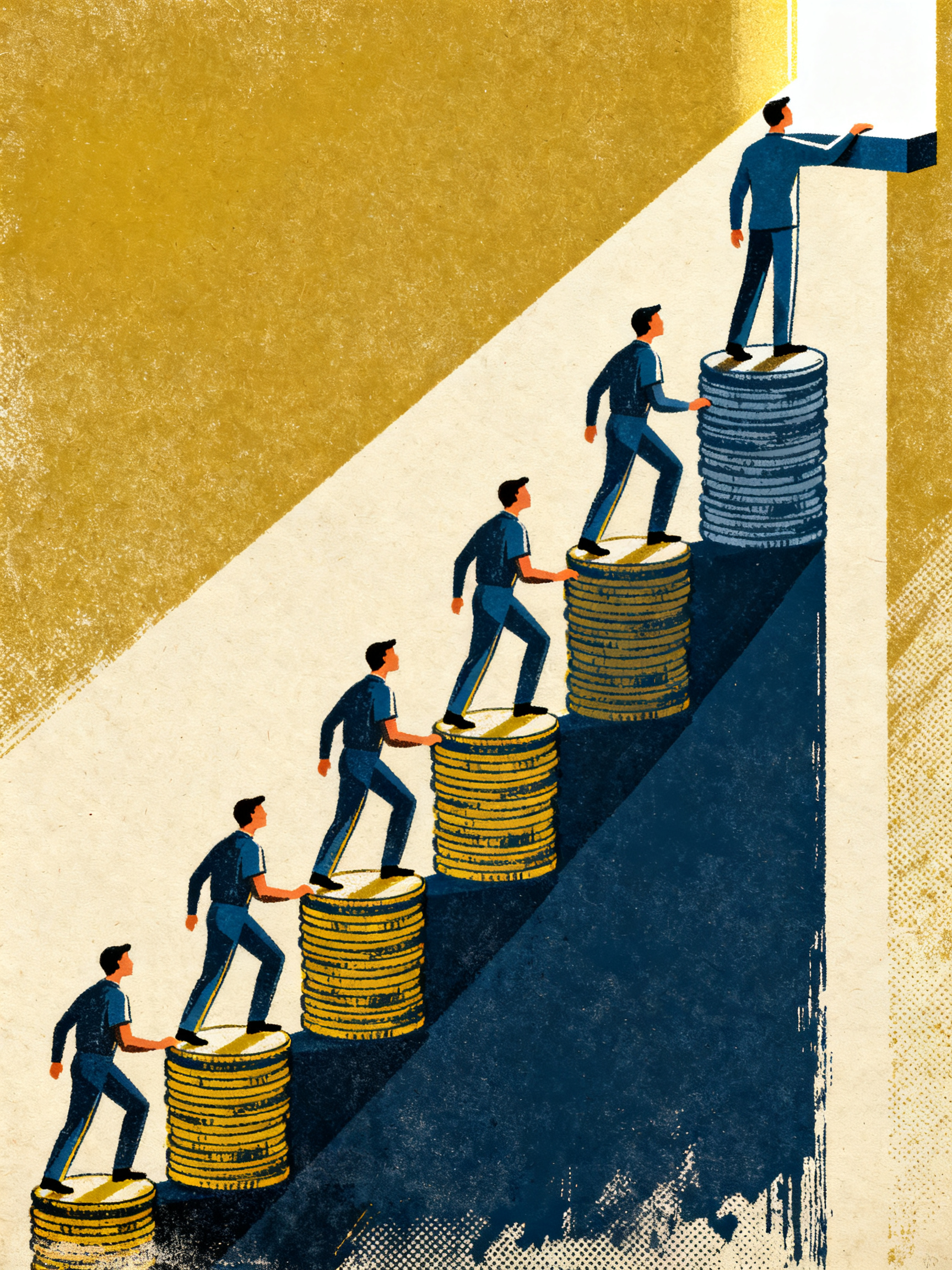 A row of figures of ascending height climbing a staircase made of stacked coins in three different c