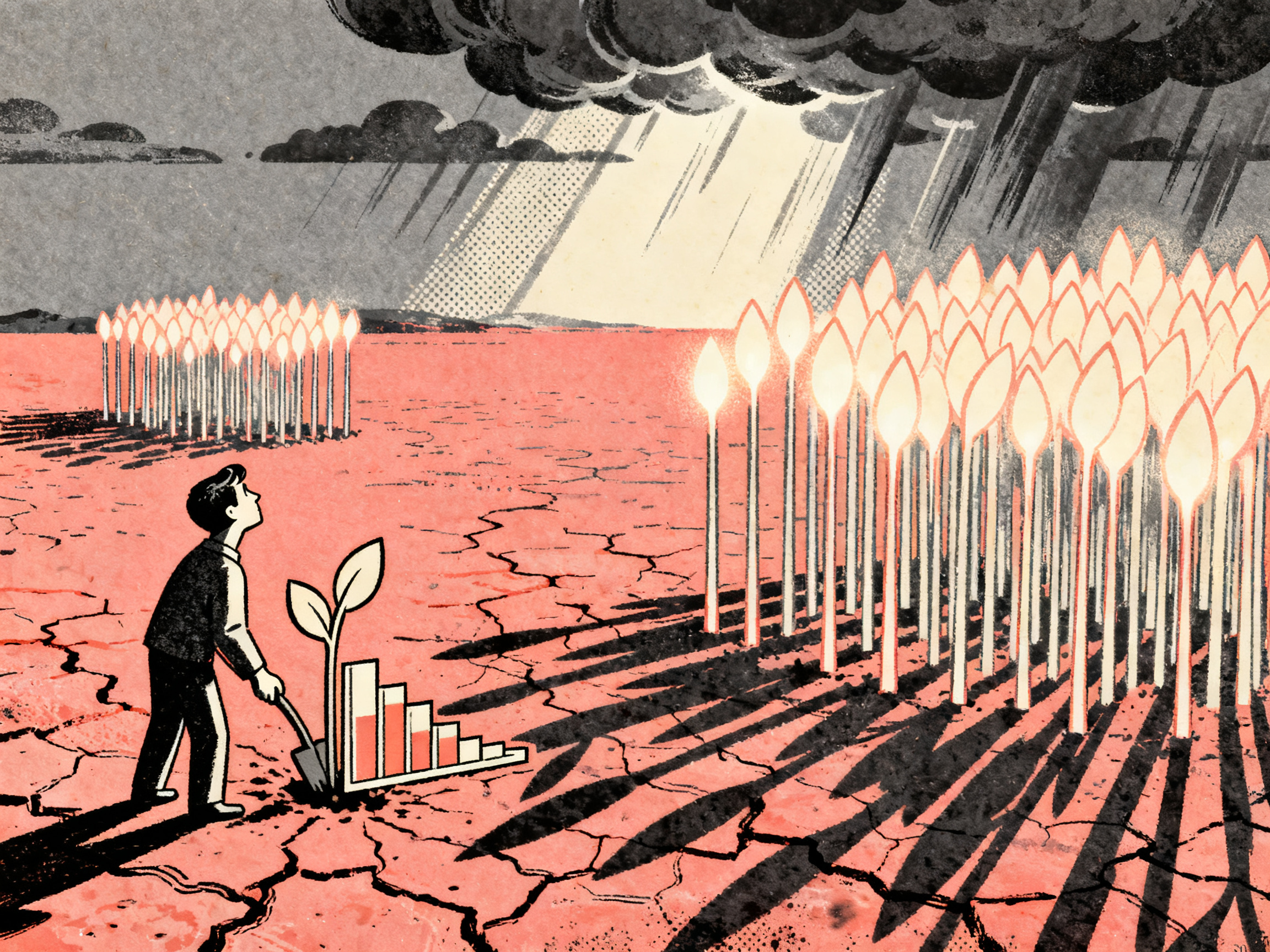 A small figure planting a seedling shaped like a data chart in cracked dry ground, while nearby patc