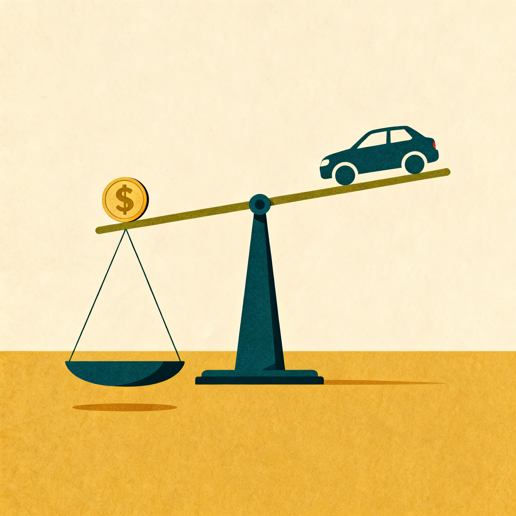 A simple balanced scale weighing a round coin-like disc against a car silhouette icon, quiet focused