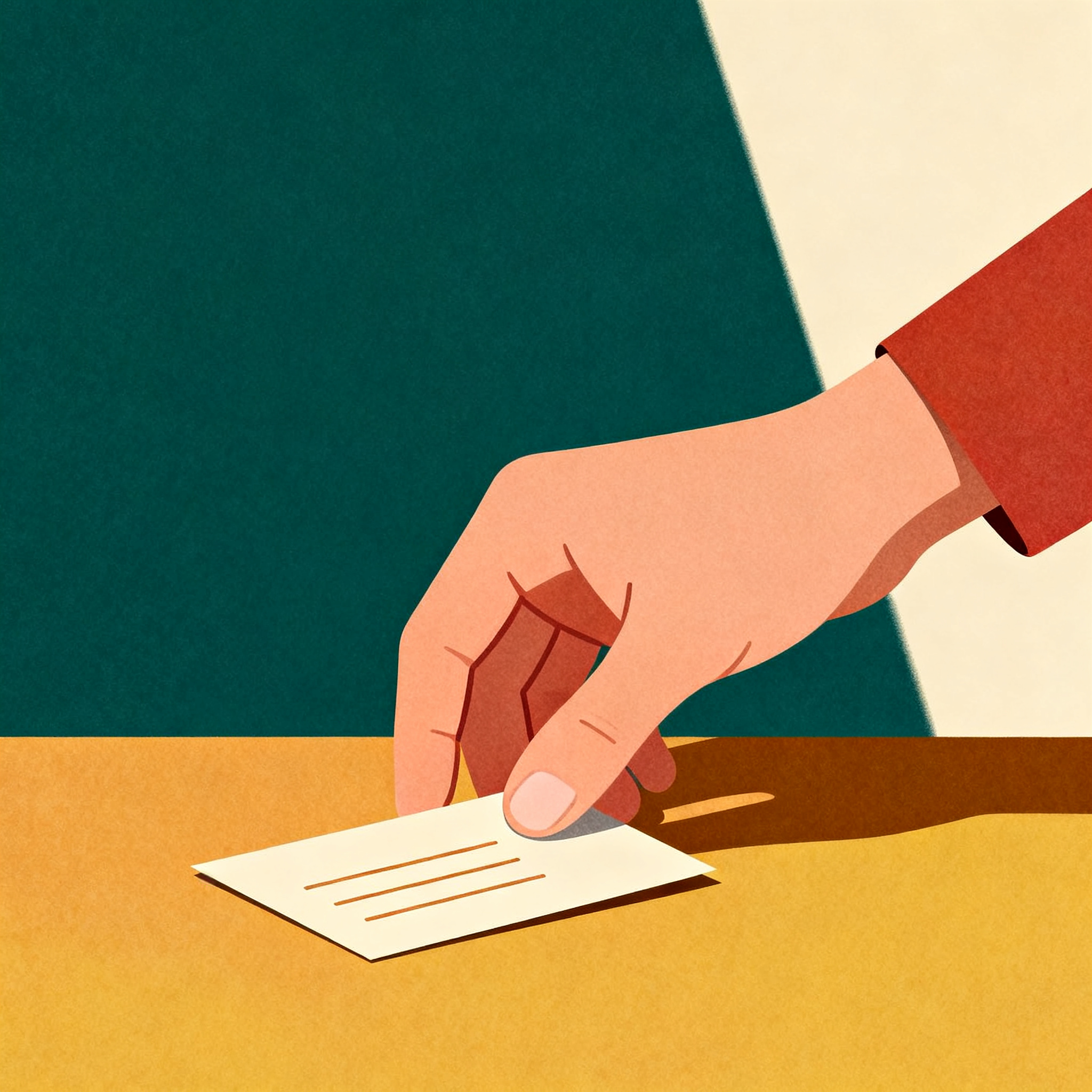 A stylized hand placing a card-shaped paper with simple lines onto a warm tabletop, calm deliberate 