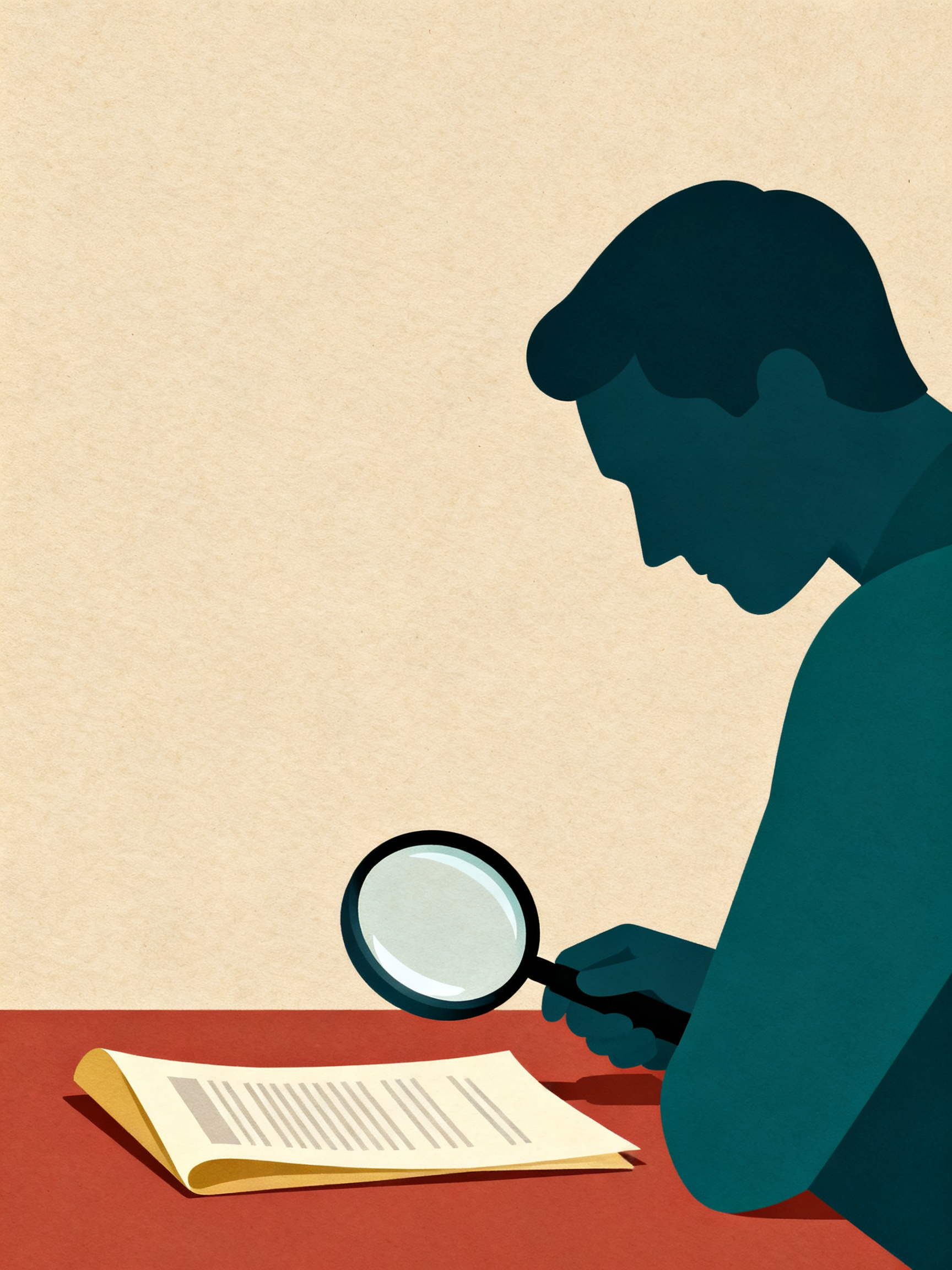 A simple silhouette figure holding a magnifying glass over a folded document on a table, cautious wa