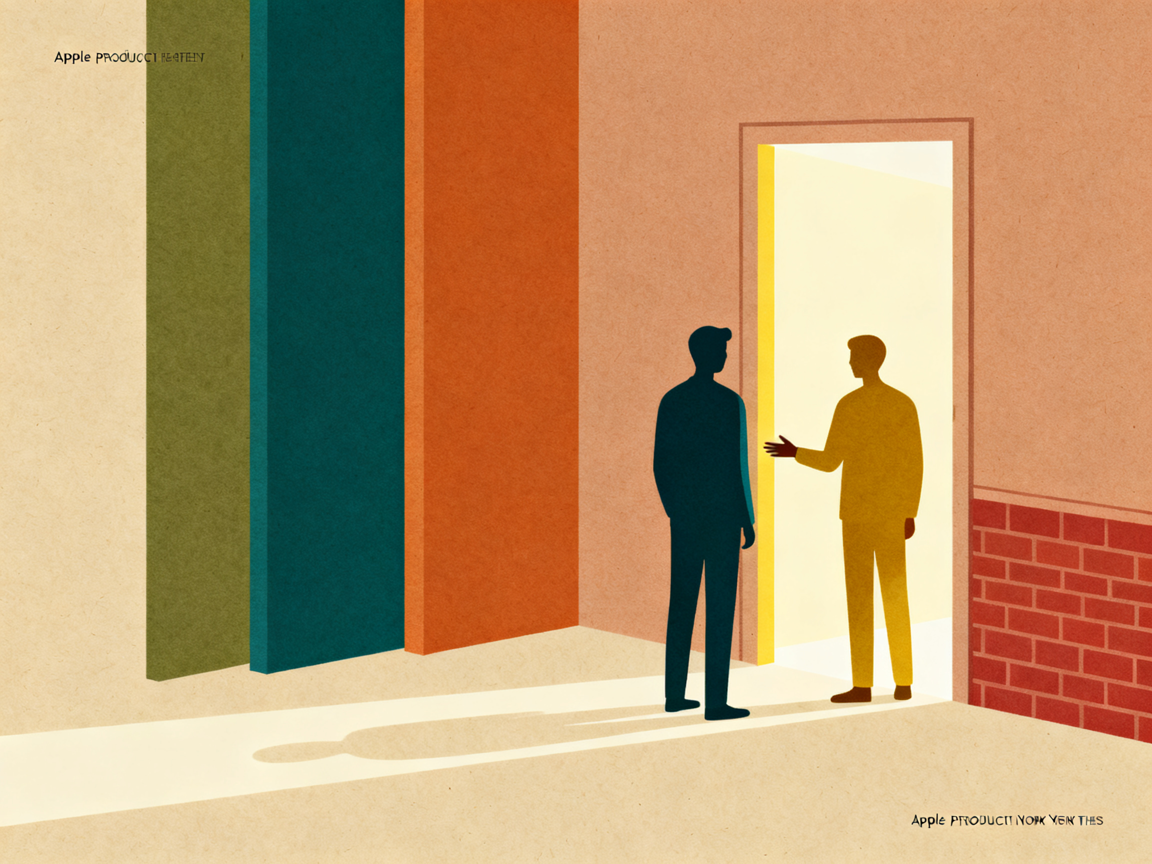 Two simple silhouetted figures standing at a doorway with one hand gesturing toward an open door, ca