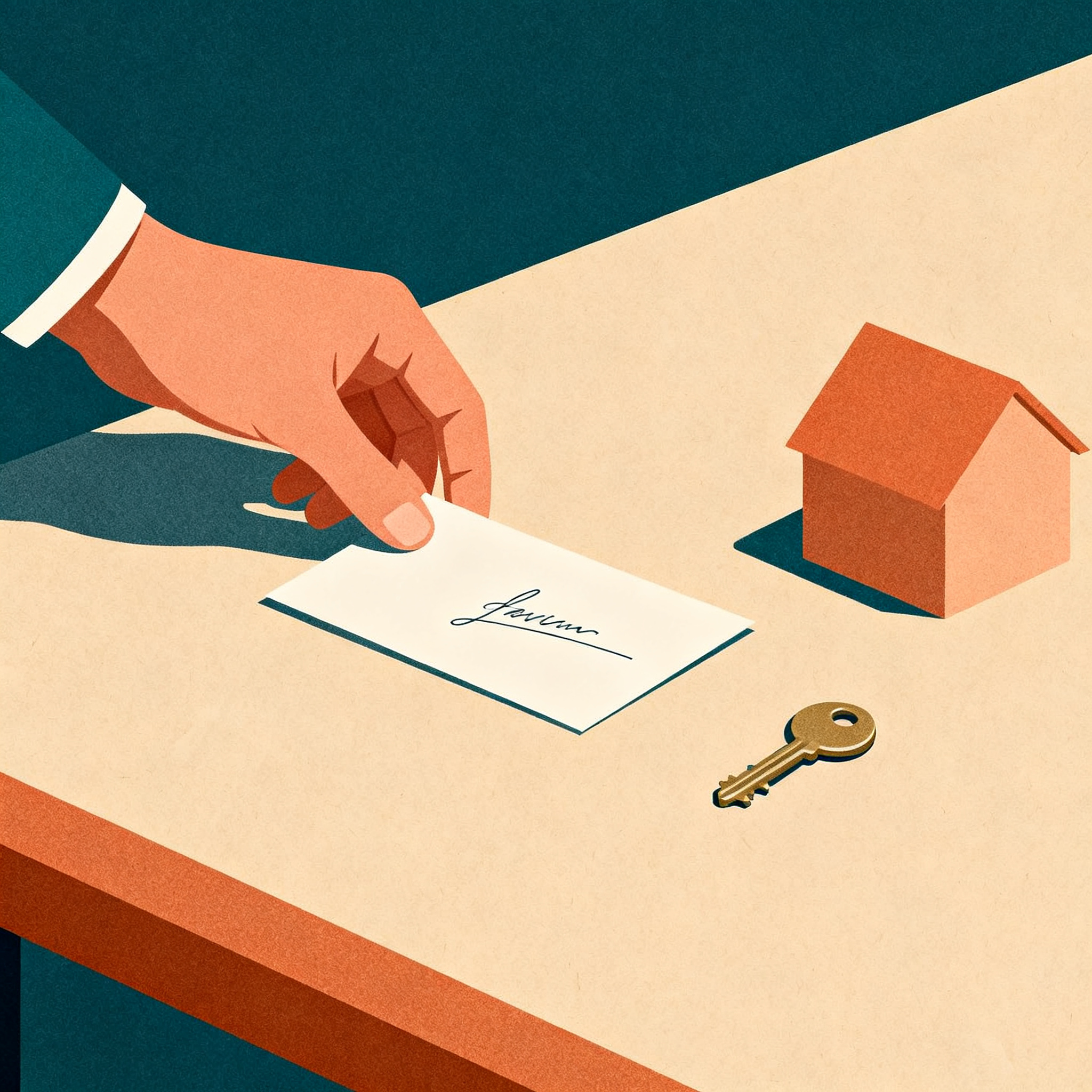 A stylized hand placing a signed paper card onto a table beside a small key and a simple house shape