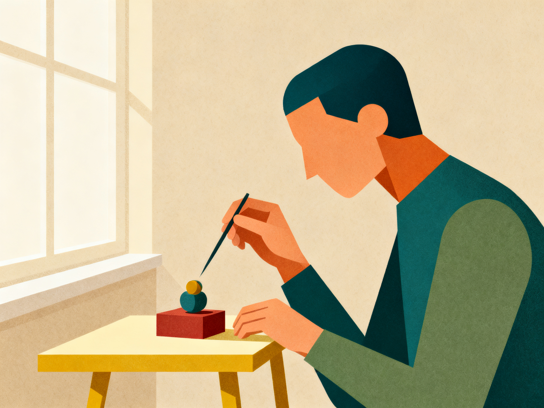 A stylized figure examining a small object placed on a table by a window with soft light, careful st