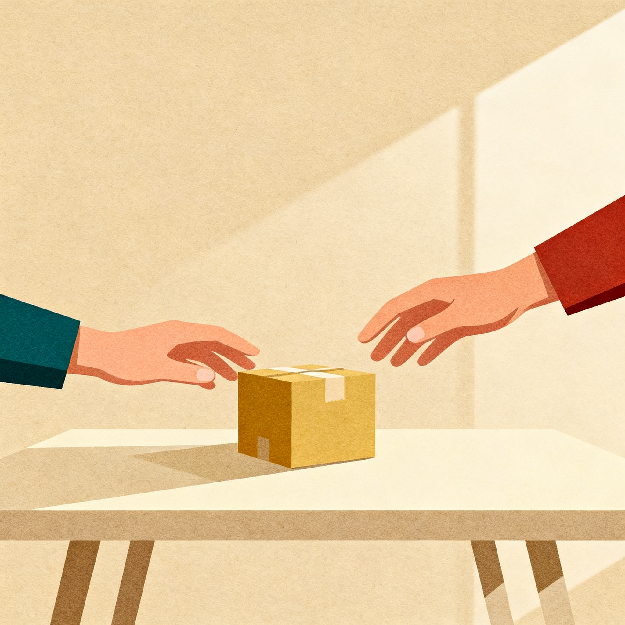Two simple hands meeting near a small package on a minimal table, gentle daylight atmosphere, trust 