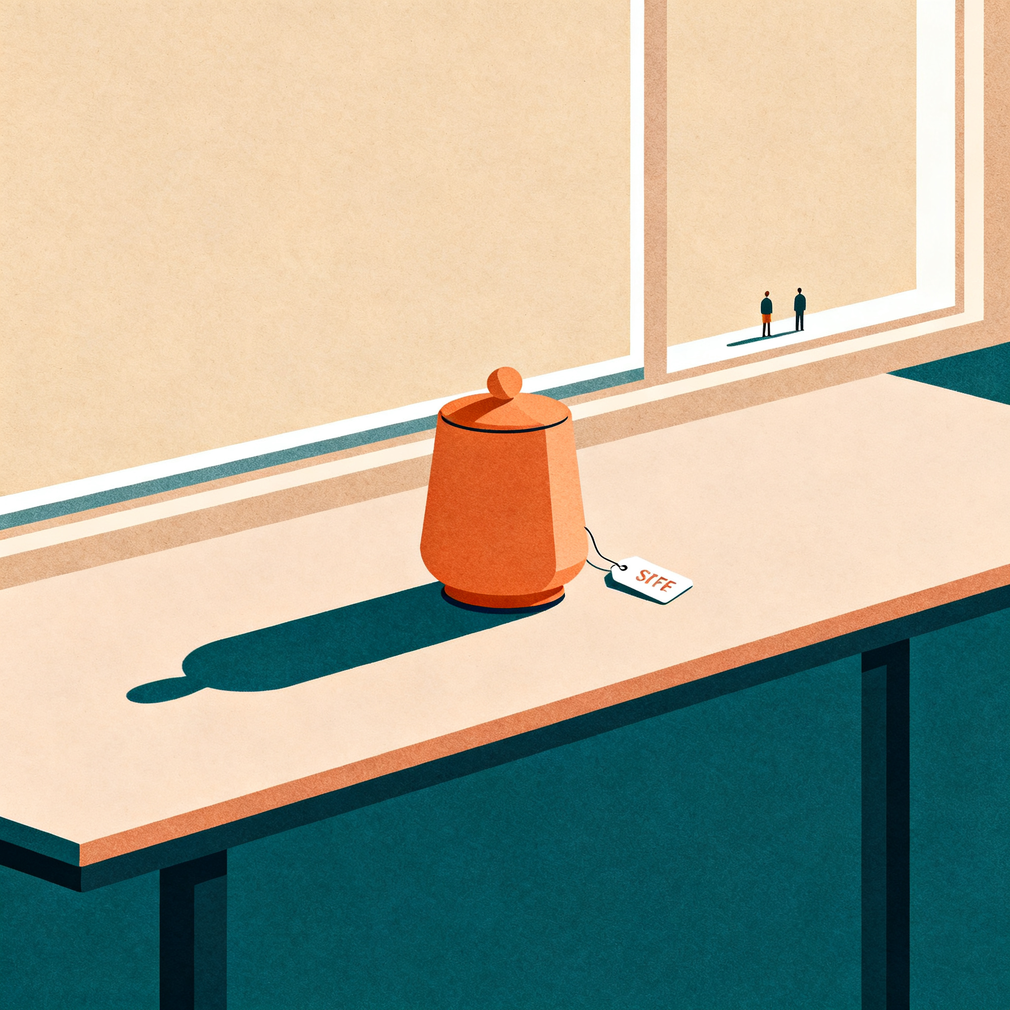 Still life of a single household object centered on a table by a window with soft natural light and 