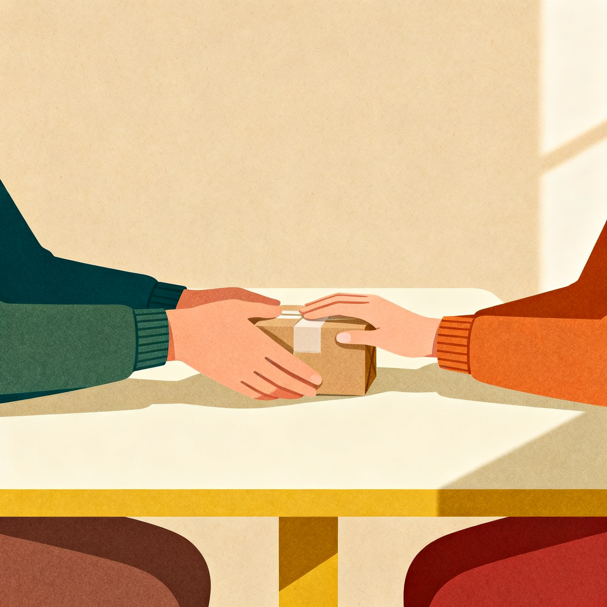 Two simple hands meeting over a small package on a minimal table, warm daylight atmosphere, sense of