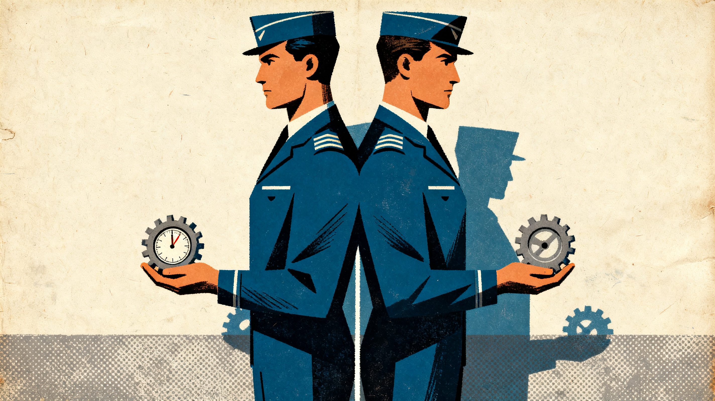 Two figures standing back to back wearing nearly identical uniforms, one holding a small gear labele