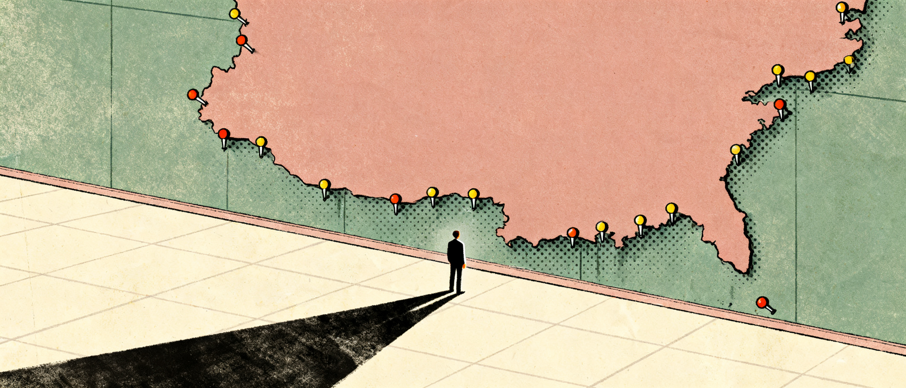 A tiny figure standing in front of a massive empty map of a country with only a few scattered pins o