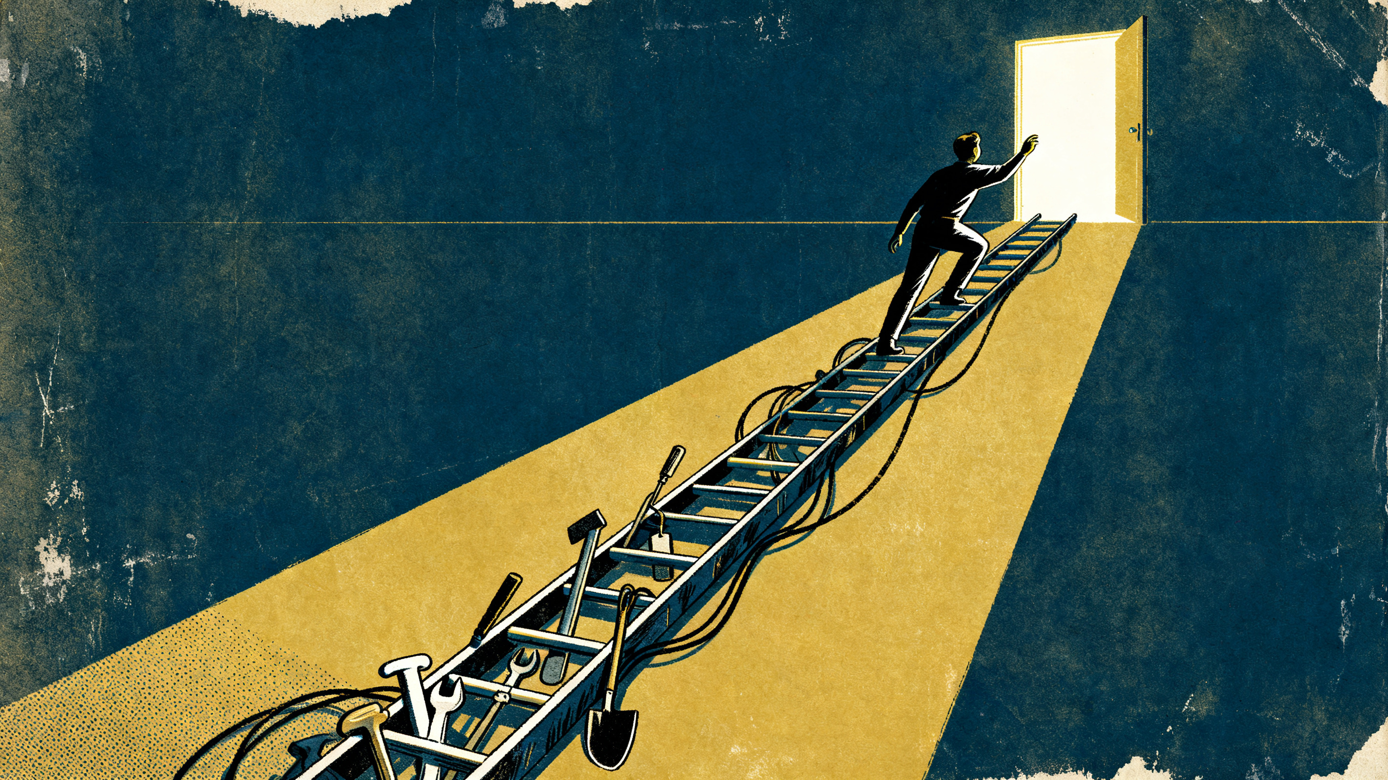 A figure climbing a ladder made of mismatched tools and cables instead of rungs, reaching toward a h