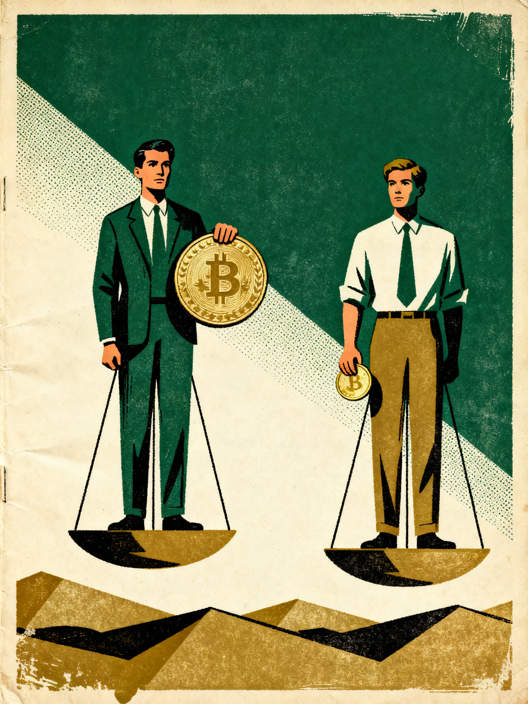 Two figures standing on scales of different heights, one holding a heavy coin, the other holding a l