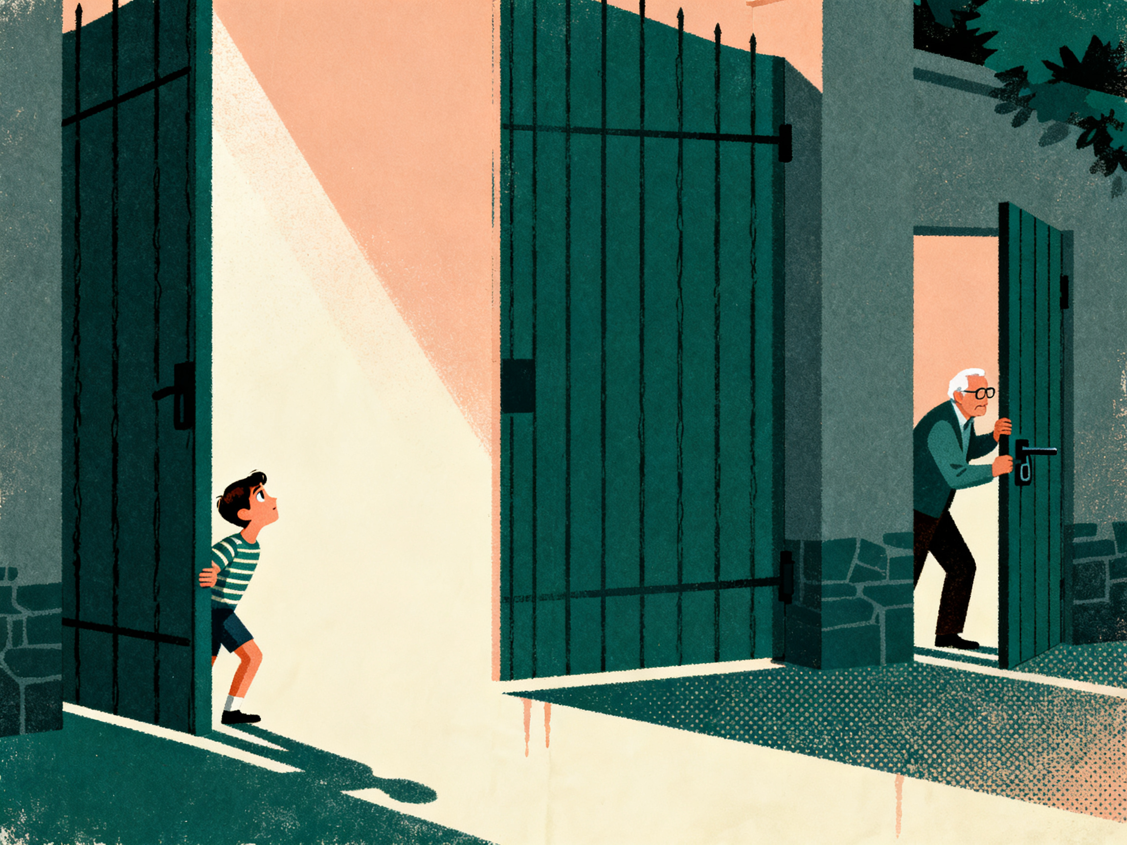 A young figure squeezing through a wide open gate while an older figure struggles at a narrow locked