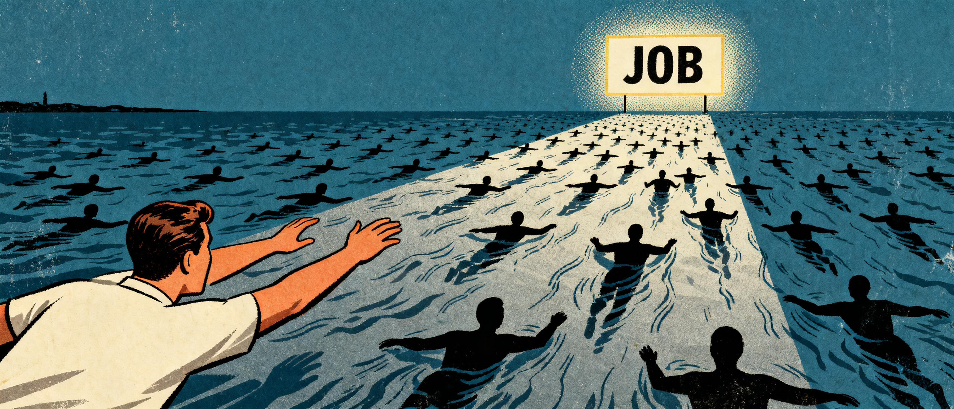 A figure reaching toward a glowing job sign across a vast ocean filled with countless identical silh