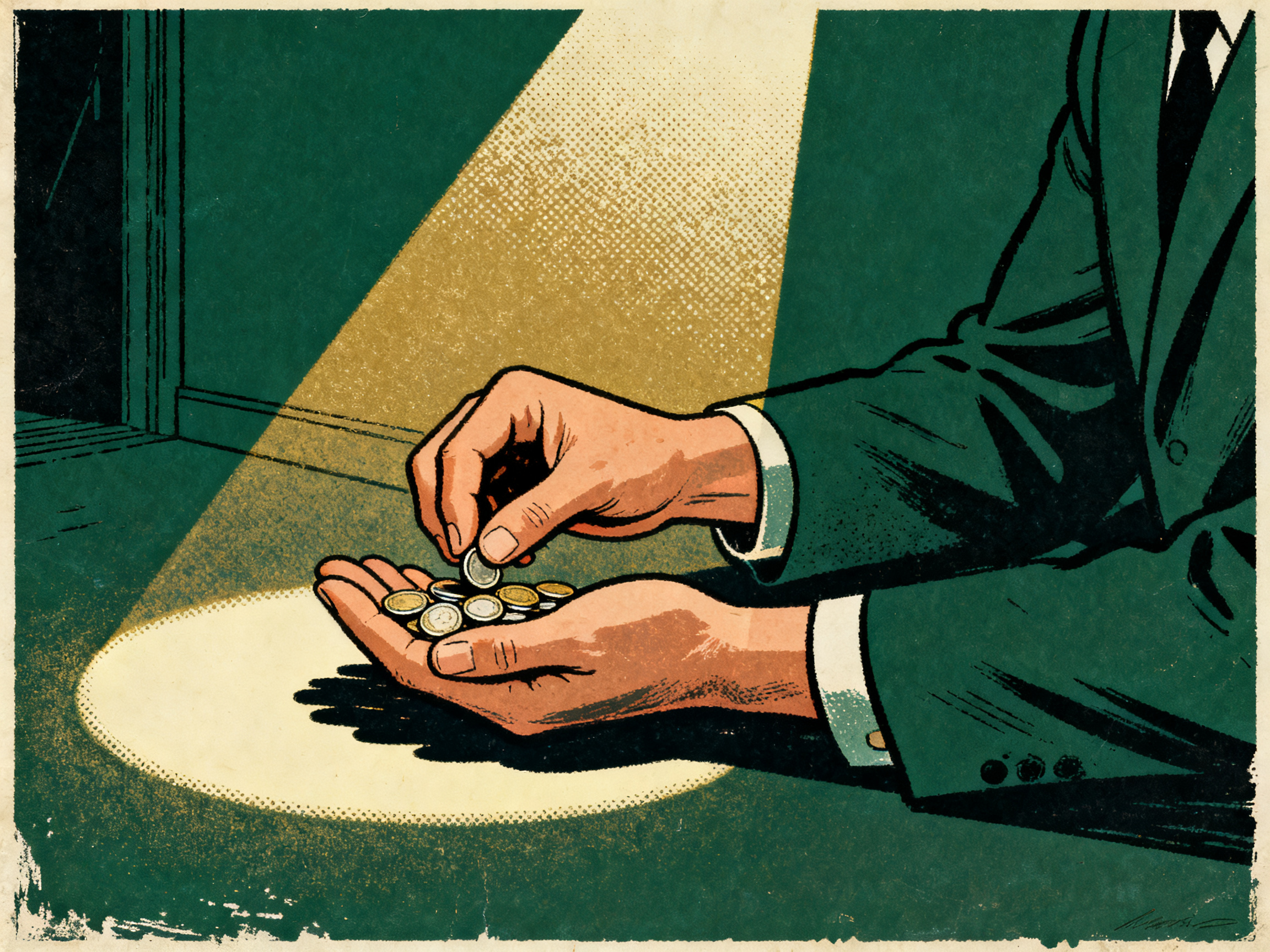 A person carefully counting a small handful of coins under a single beam of light in an otherwise da