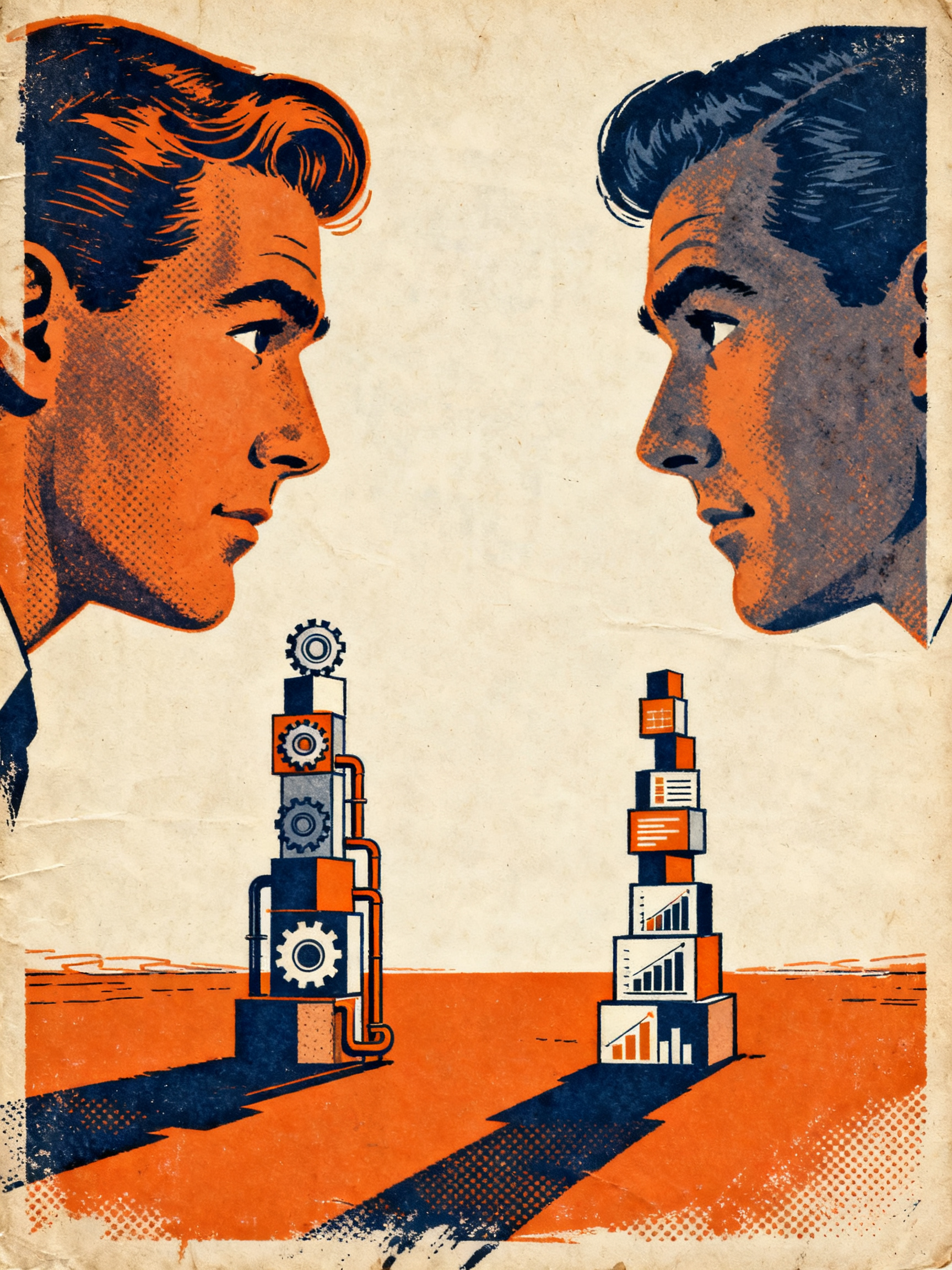 Two figures each building a different tower from mismatched blocks, one tower made of gears and pipe