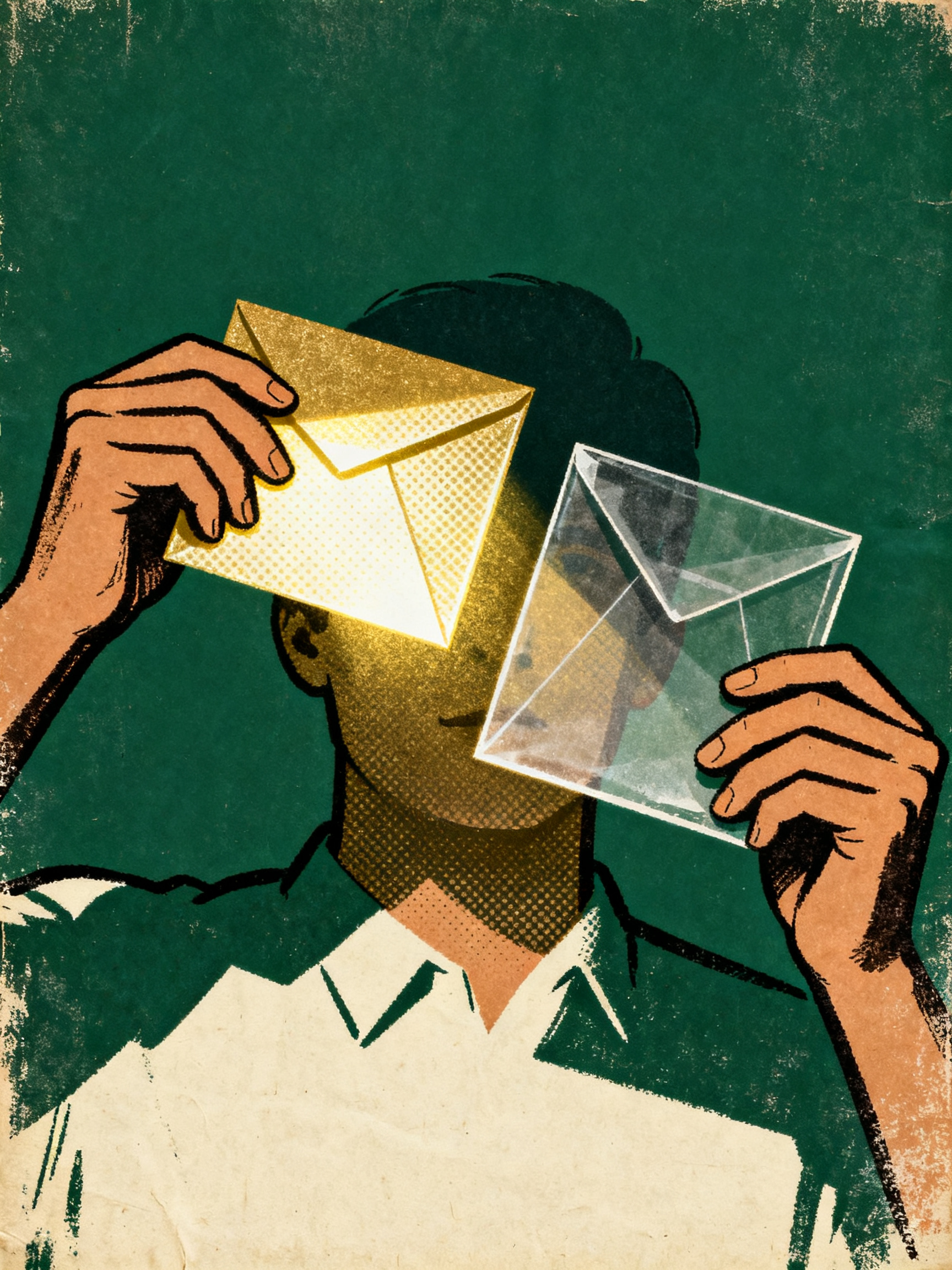 A figure holding two transparent envelopes up to the light, one envelope full and glowing, the other