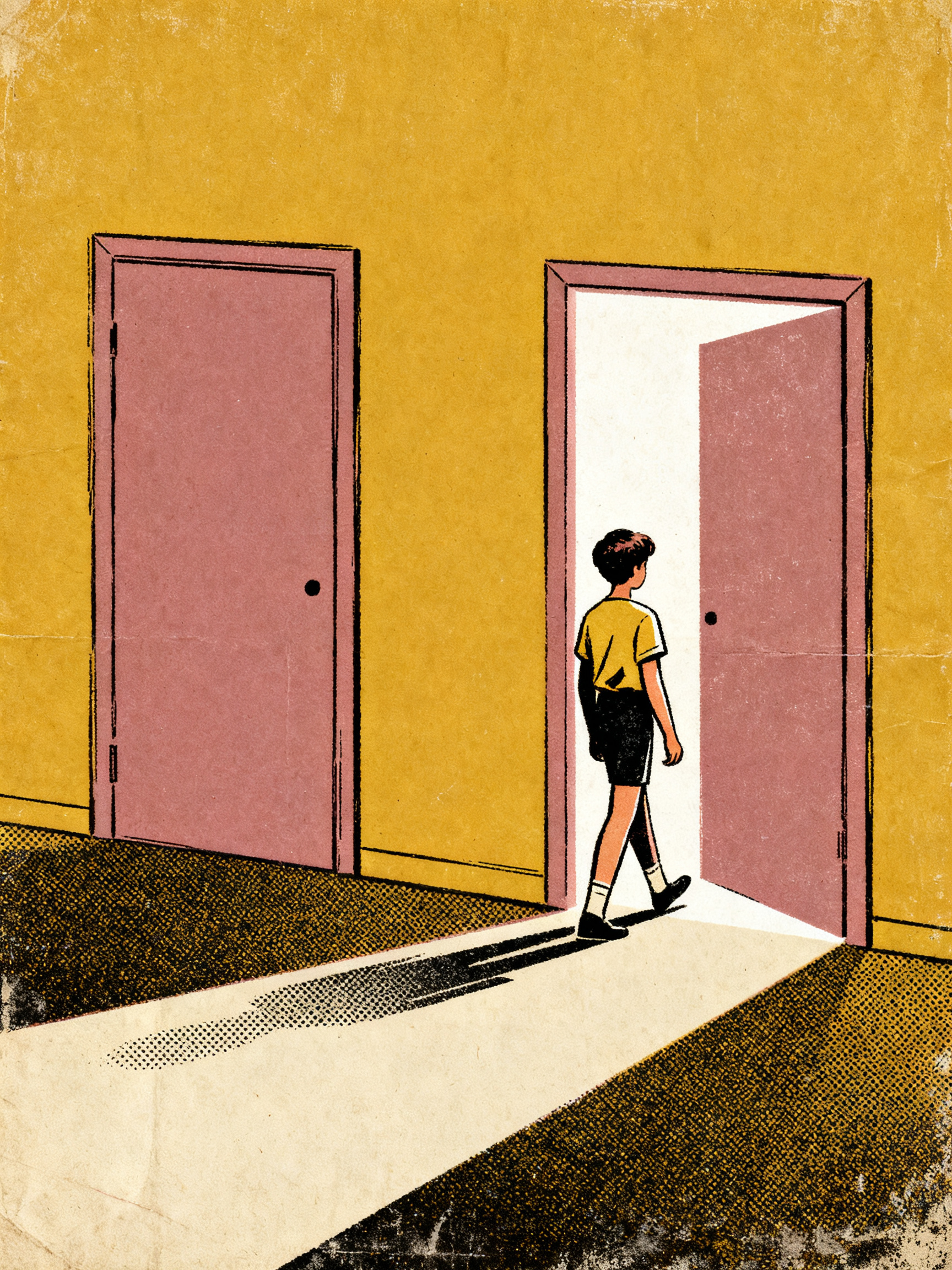 A young figure standing before two narrow doorways of different widths, one door s