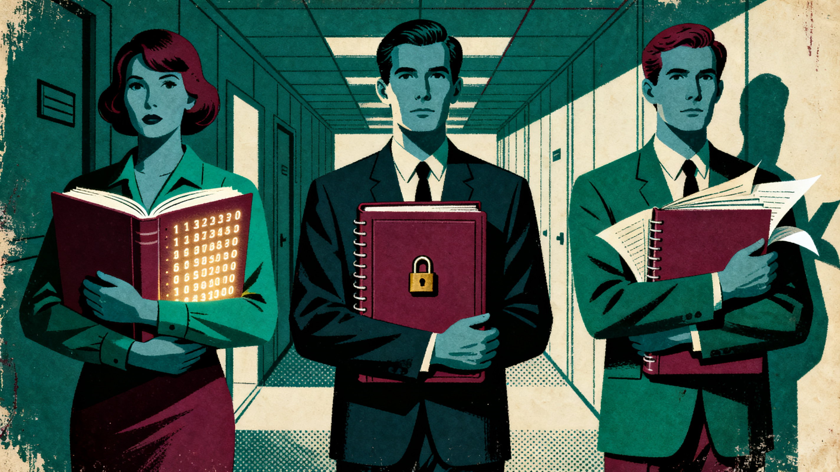 Three figures each holding a different sized ledger book close to their chest, one book wide open wi