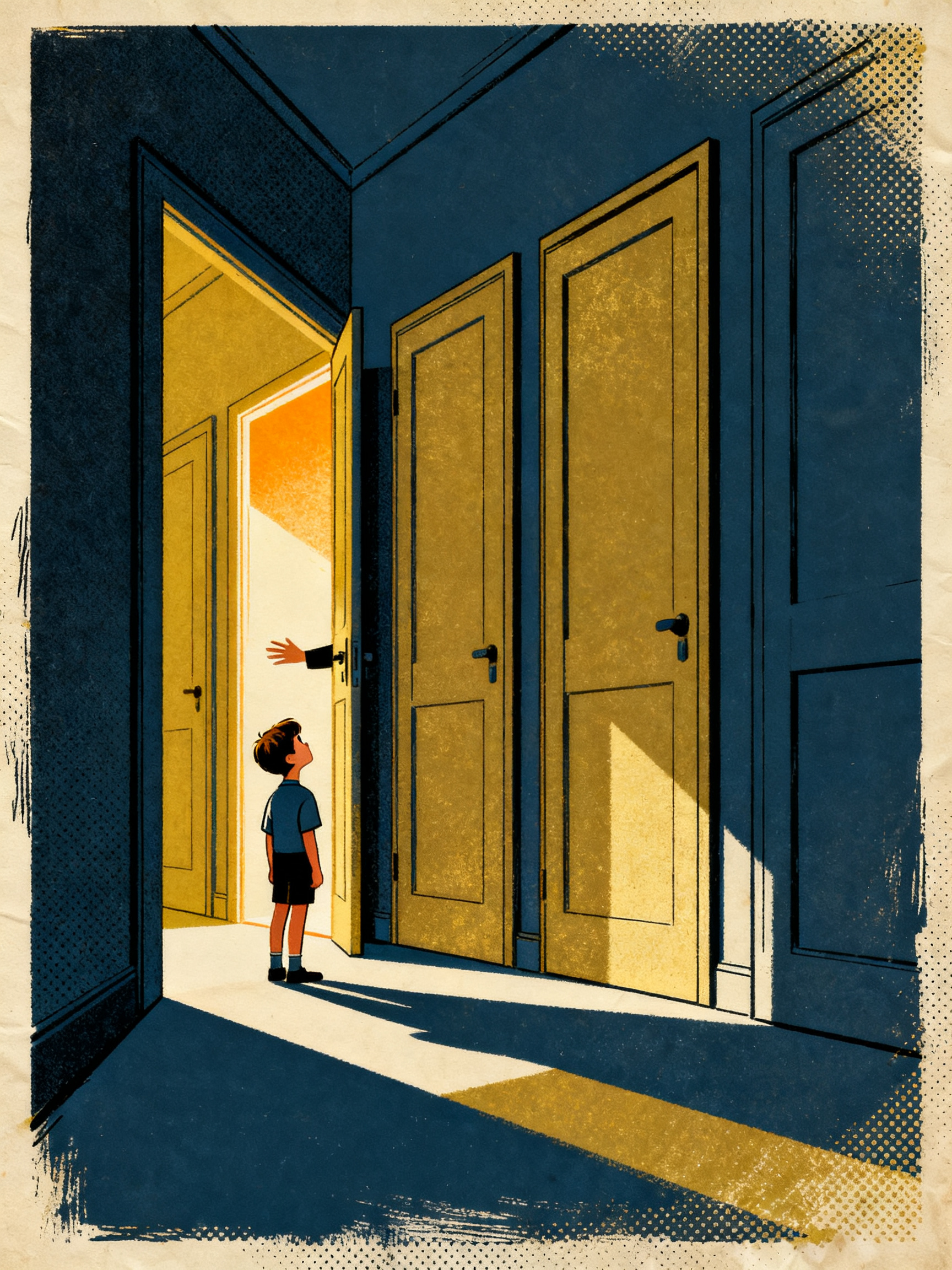 A small young figure standing before a row of tall closed doors, one door slightly ajar with warm li