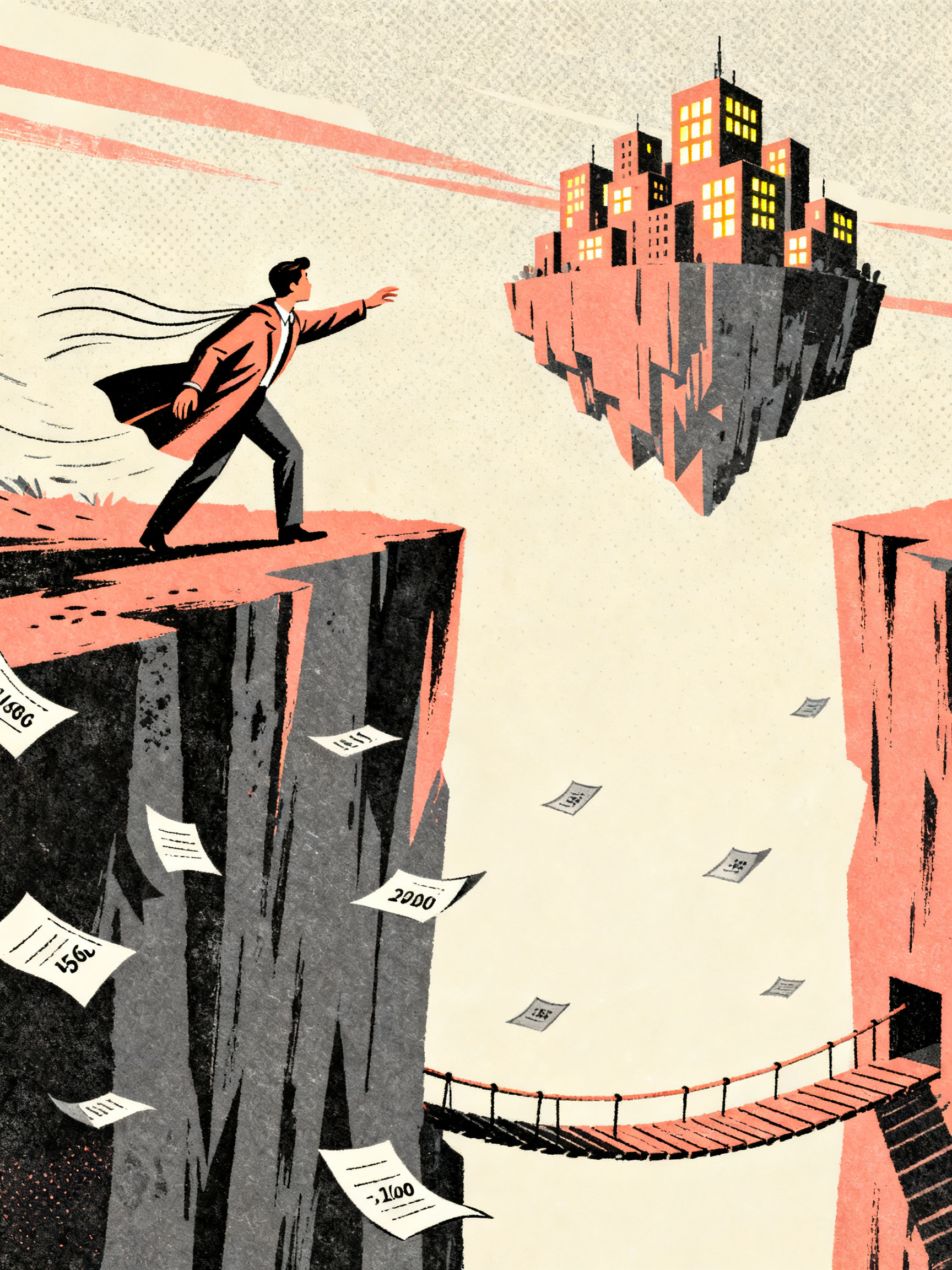 A figure reaching across a vast chasm toward a distant floating city made of glowing windows, a thin