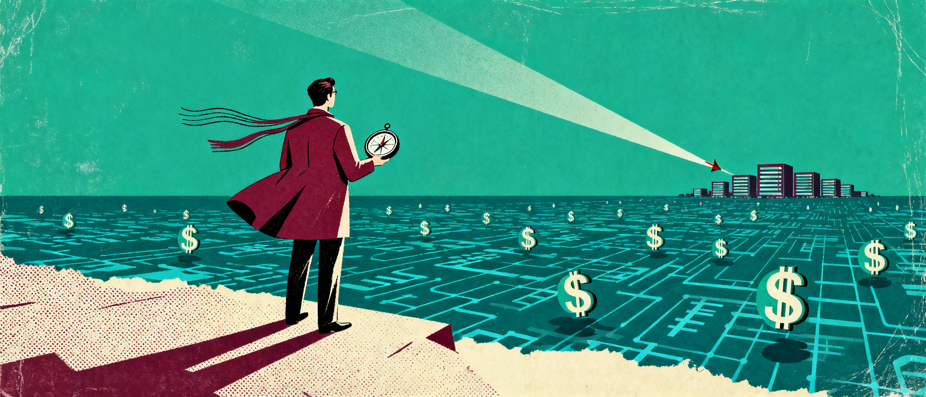 A solitary figure standing at the edge of a vast digital ocean with floating dollar signs and tenge 