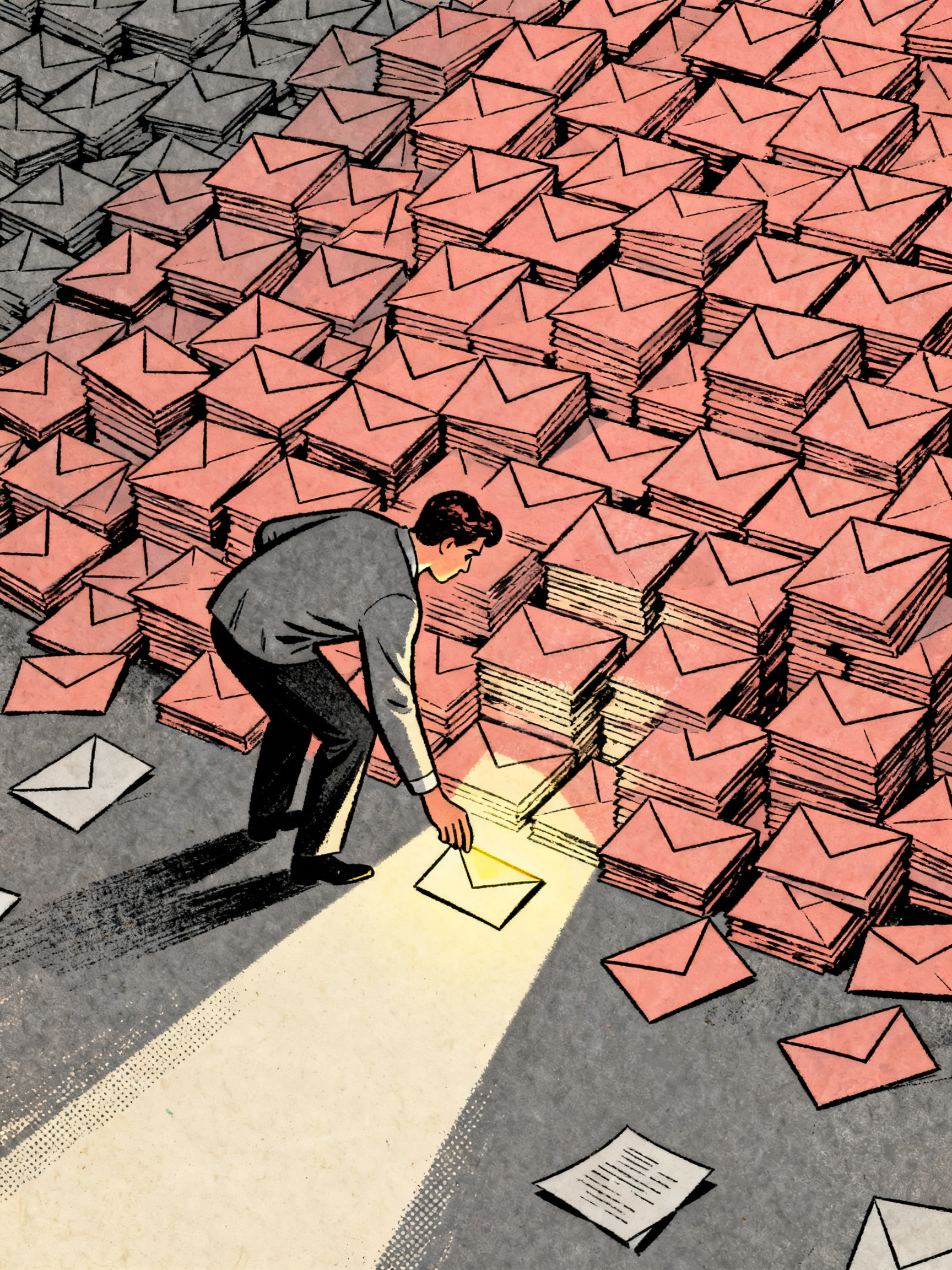 A figure sifting through a huge pile of identical envelopes searching for the one that glows, scatte