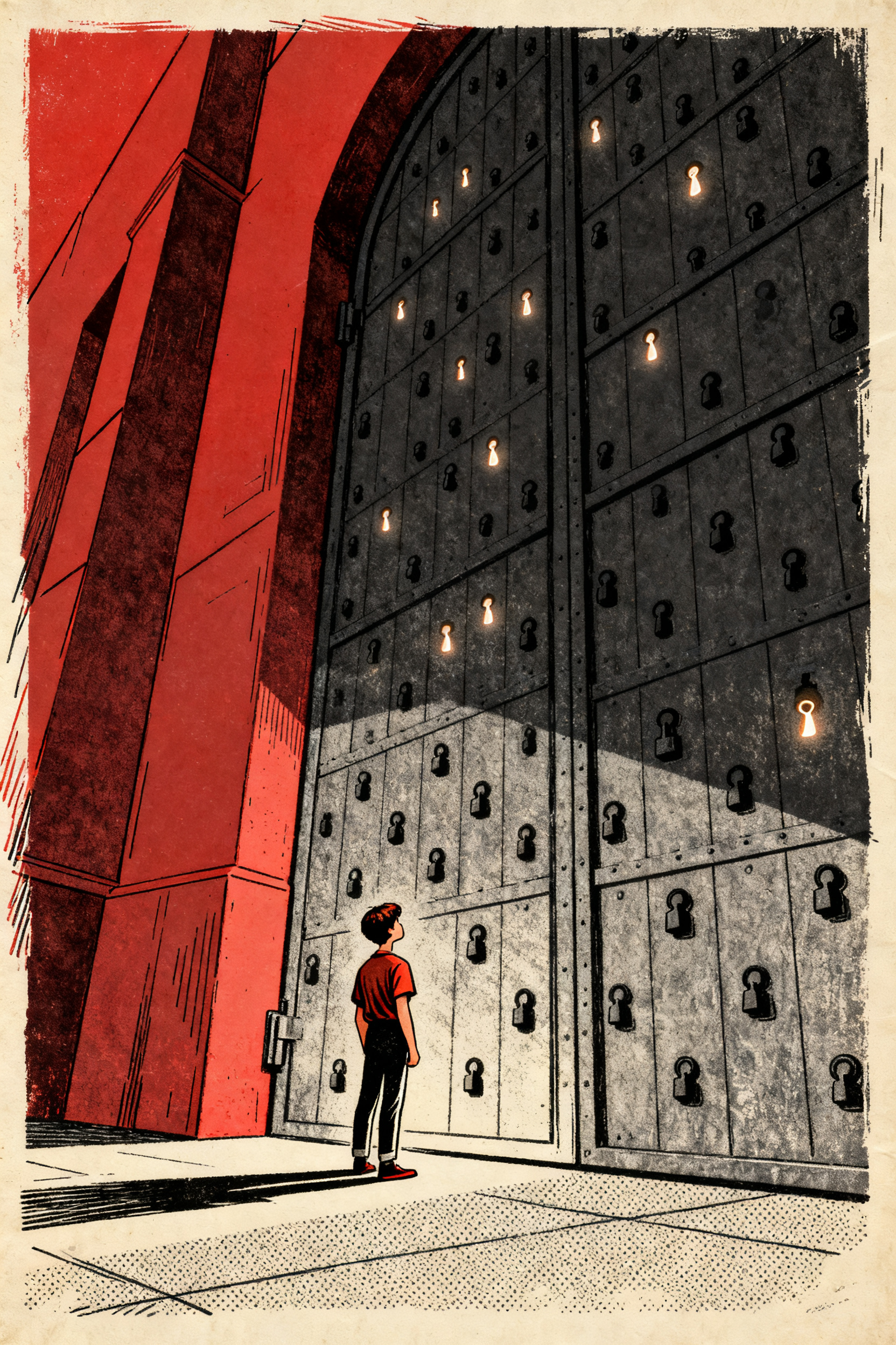 A young figure standing before a massive locked gate with only a handful of tiny keyholes glowing am