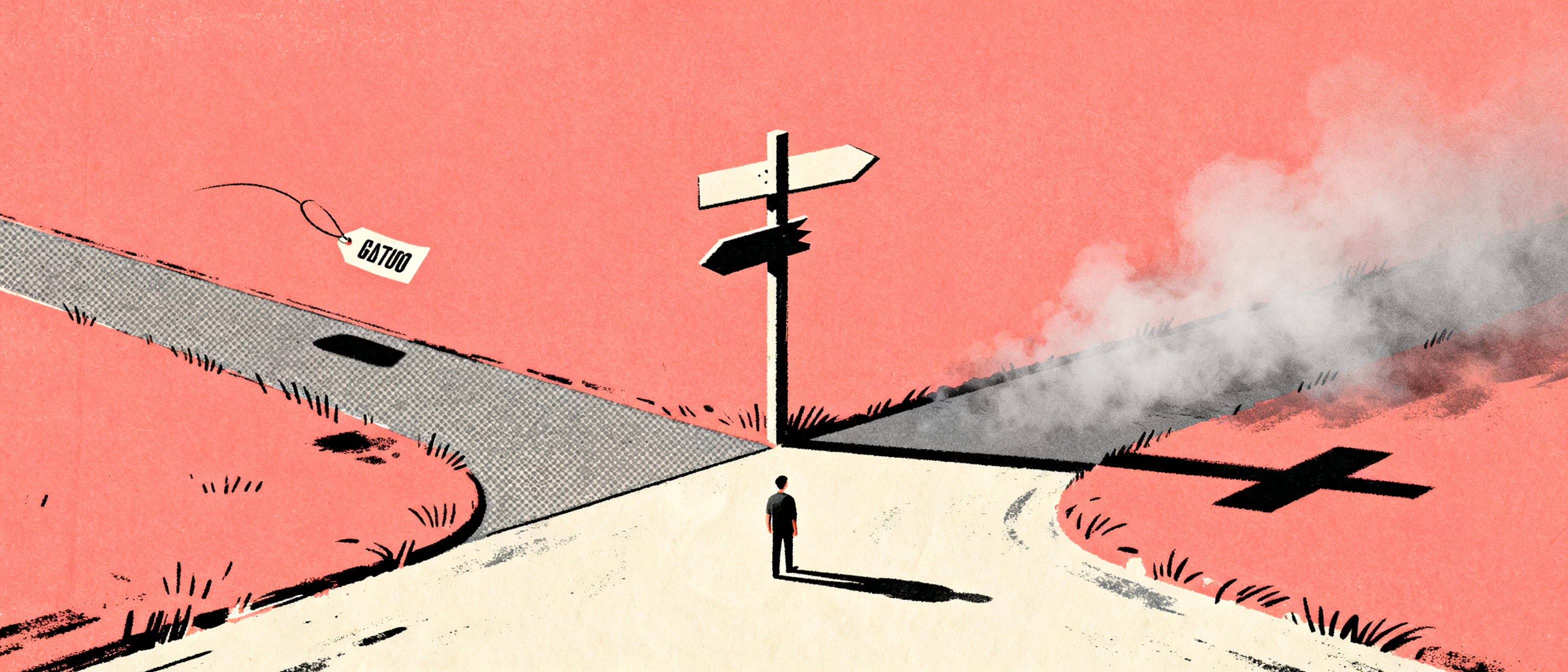 A tiny figure standing at a fork where one path is paved and labeled with a floating tag, the other