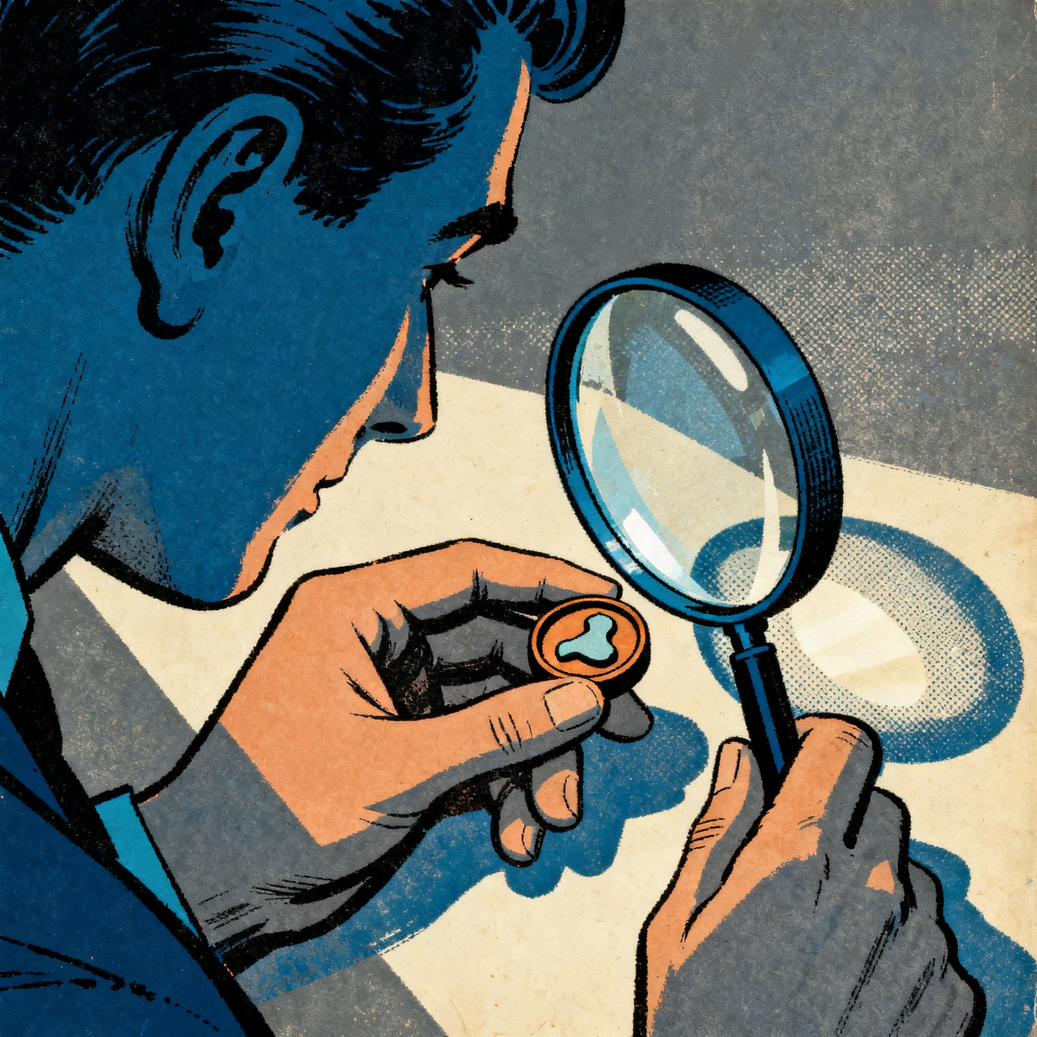 A figure carefully examining a small object with a magnifying glass, the object revealing a hidden s