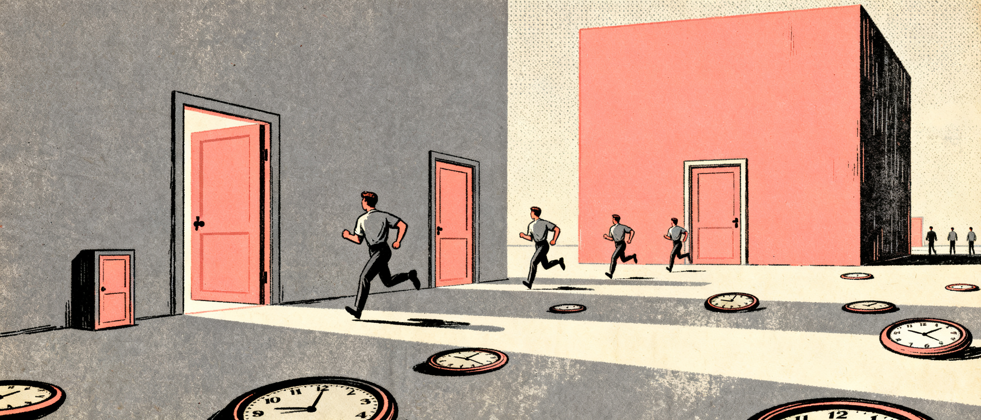 Multiple identical figures running toward separate doors of vastly different sizes and distances, on