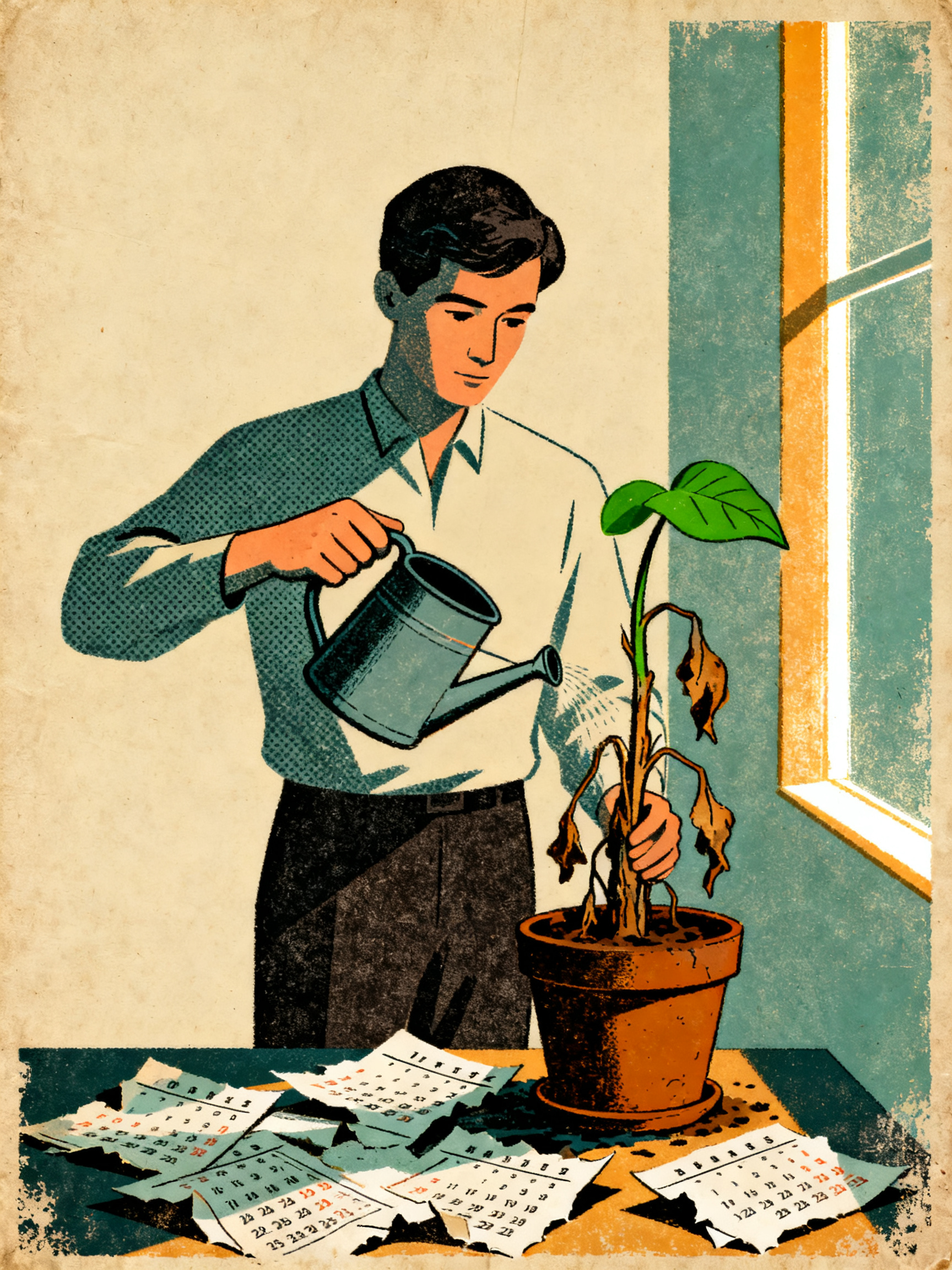 A figure carefully re-watering an old wilted plant that still has one green leaf, calendar pages sca
