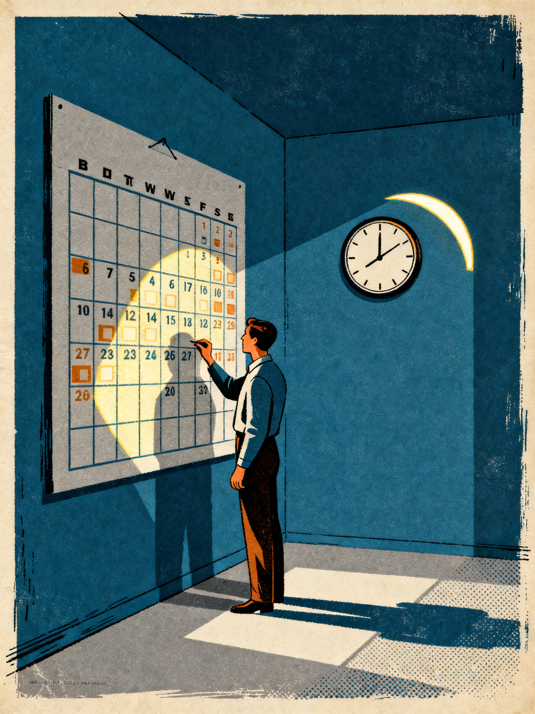 A figure checking a large wall calendar with certain days glowing brighter than others, a clock on t