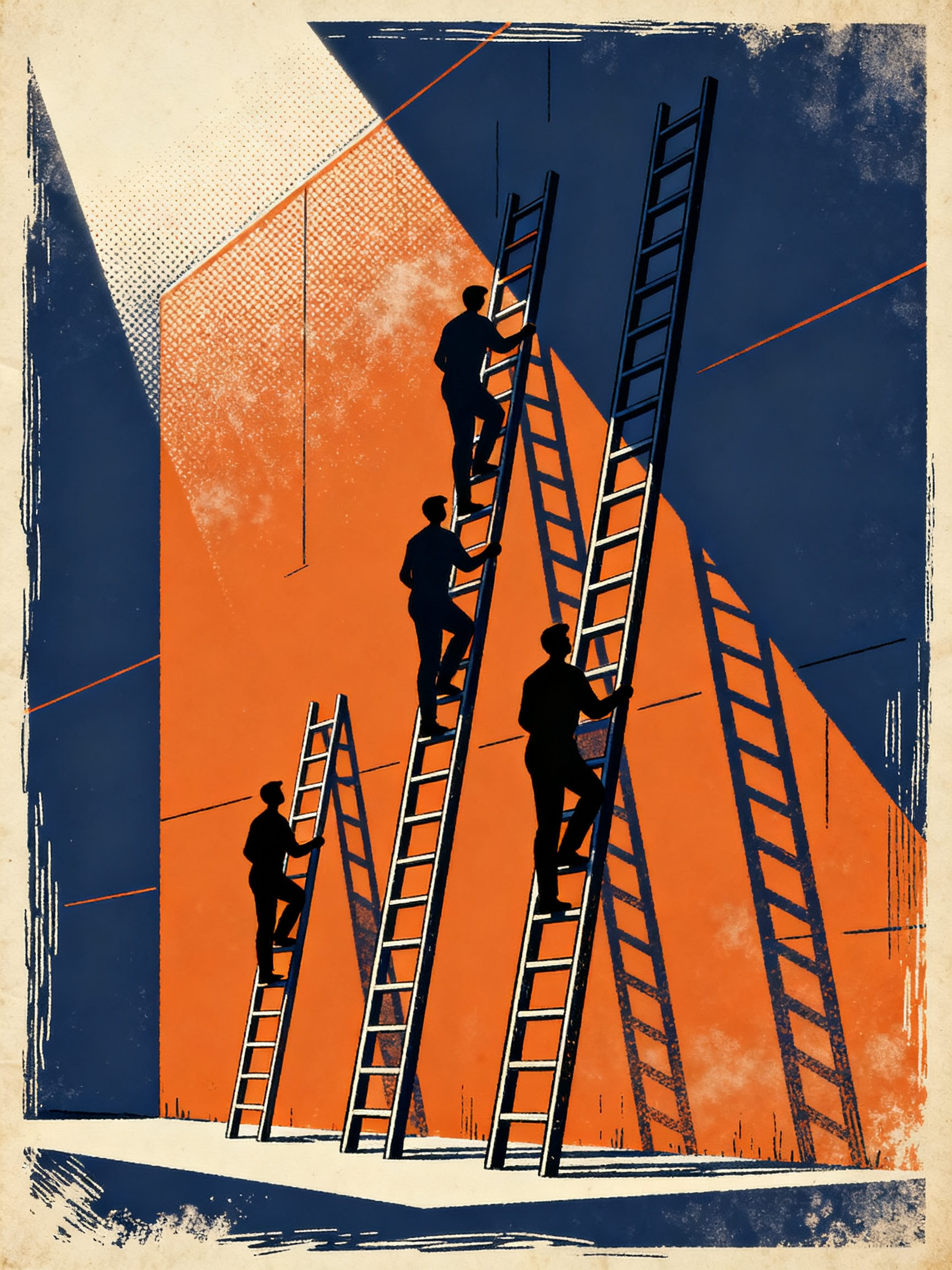 Three silhouettes climbing separate ladders of very different heights leaning against the same tall