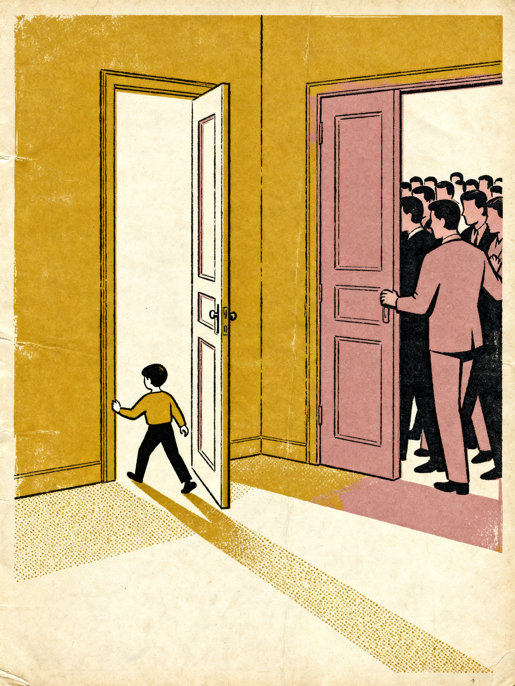 A small figure trying to open a narrow door while a crowd pushes through a much wider door beside it