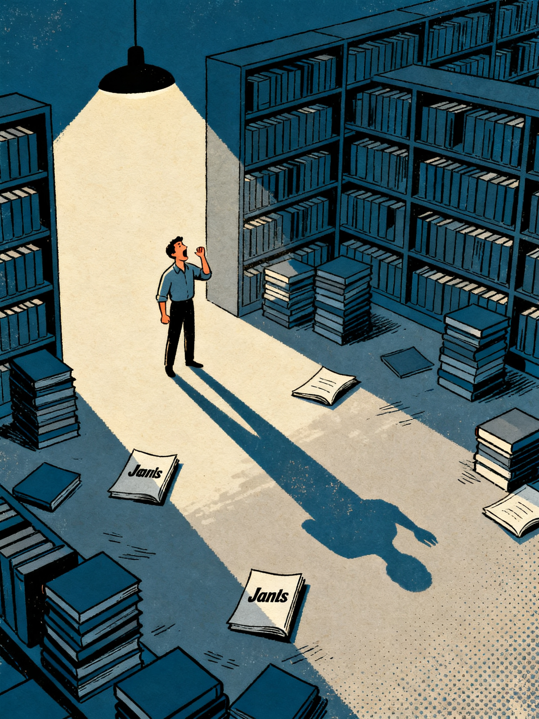A figure shouting into a vast empty library where only a few scattered pages bear its name while sta