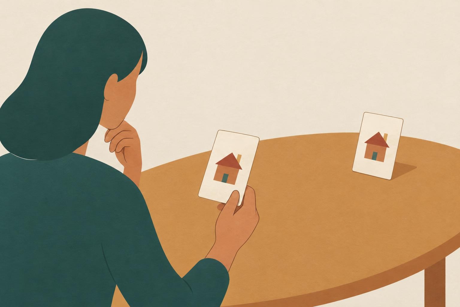 A stylized hand holding a phone-free simple rectangular card with a house icon, comparing it to a se