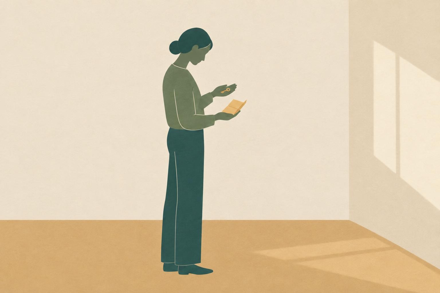 A simple silhouette figure standing in an empty room examining a small key and a folded paper docume