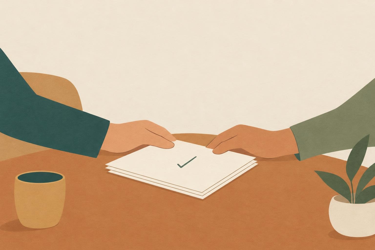 Two simple hands meeting over a small stack of papers on a warm table, one paper marked with a simpl
