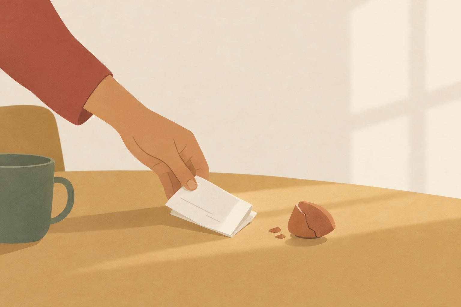 A stylized hand placing a folded receipt next to a small cracked object on a table, soft window ligh