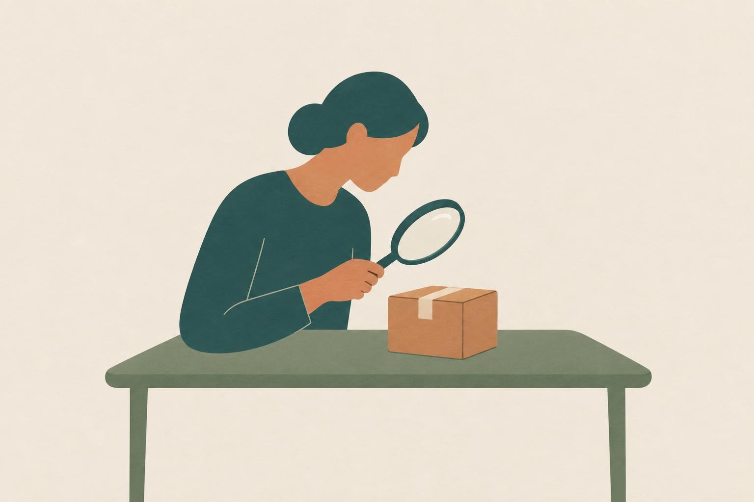 A simple silhouette holding a magnifying glass over a small parcel on a plain table, calm investigat
