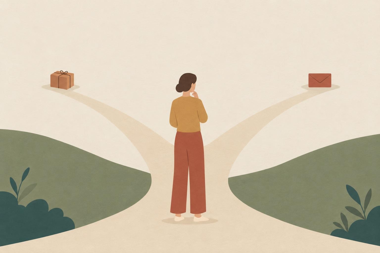 A figure standing before two simple paths marked by a small package and a closed envelope, contempla